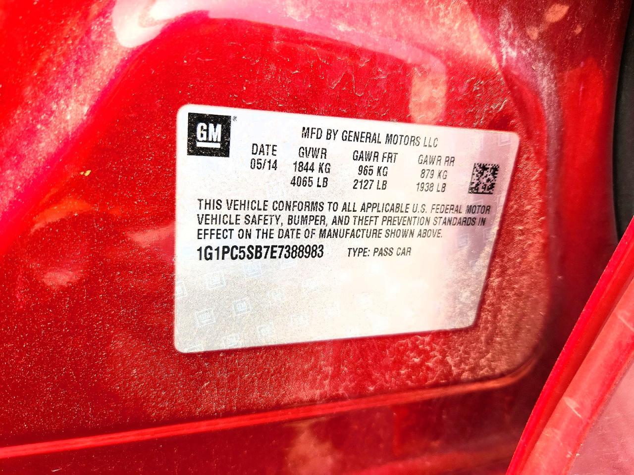 2014 Chevrolet Cruze Lt Red vin: 1G1PC5SB7E7388983