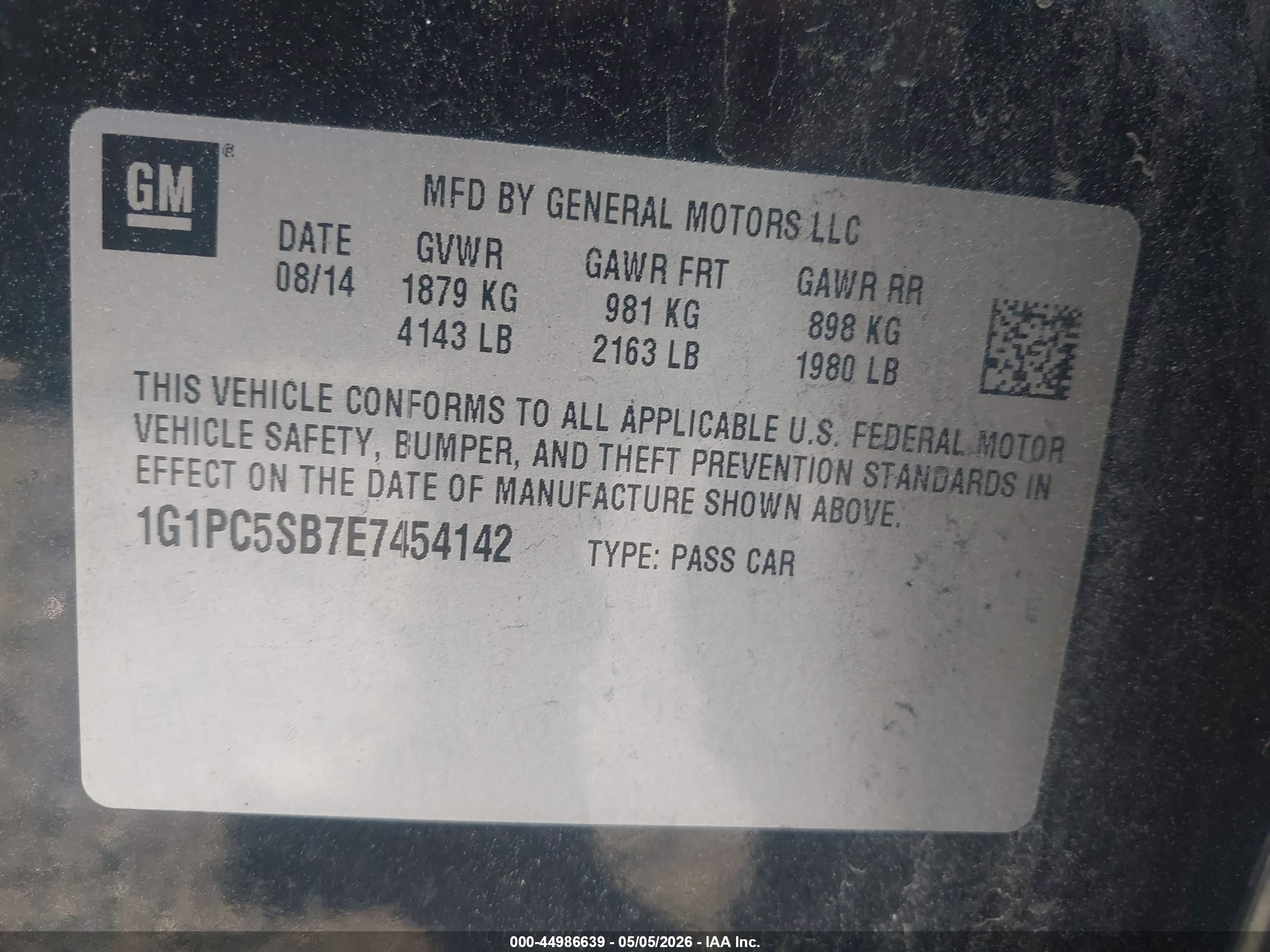 2014 Chevrolet Cruze 1lt Auto Black vin: 1G1PC5SB7E7454142