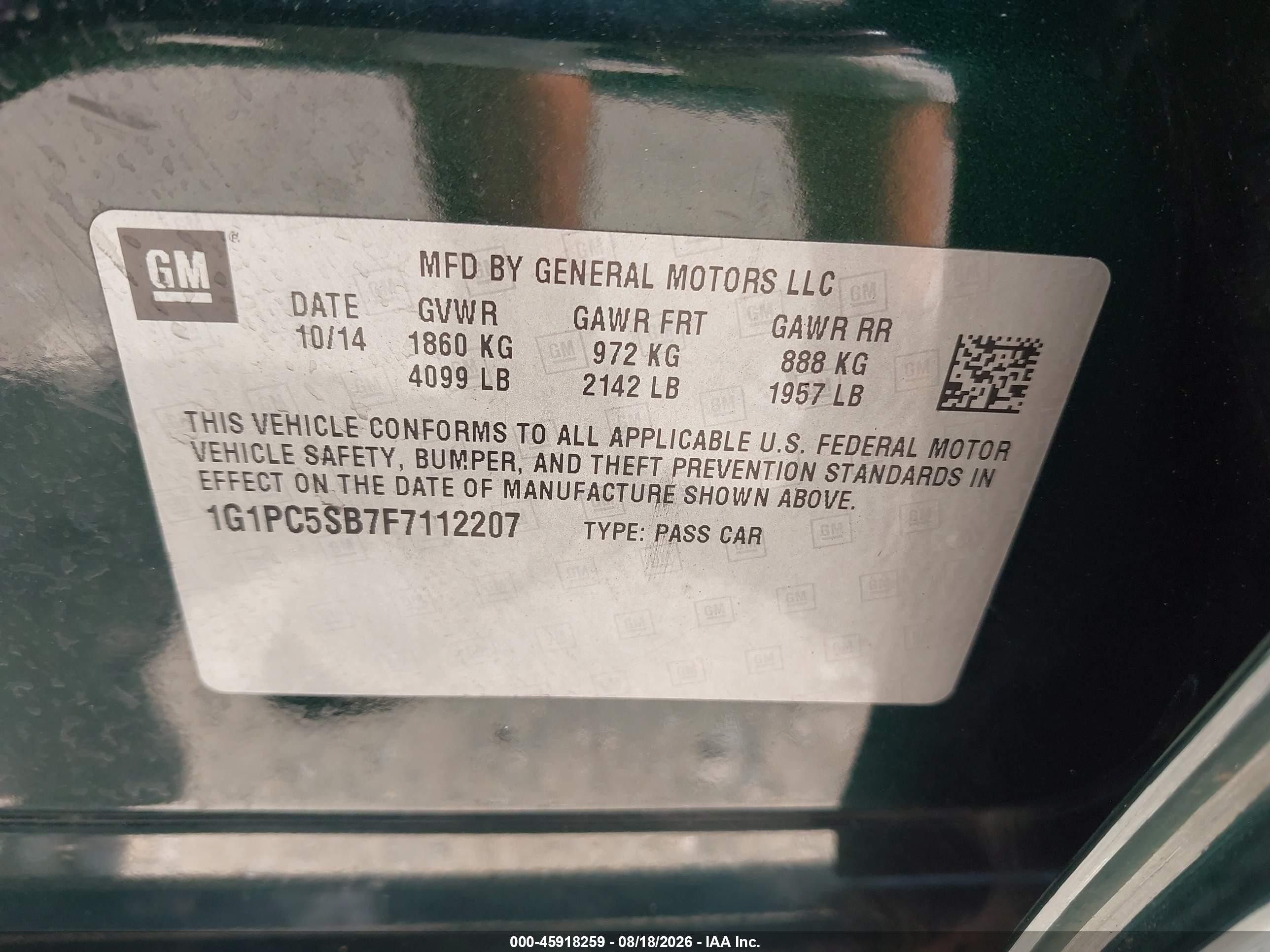 2015 Chevrolet Cruze 1lt Auto Green vin: 1G1PC5SB7F7112207