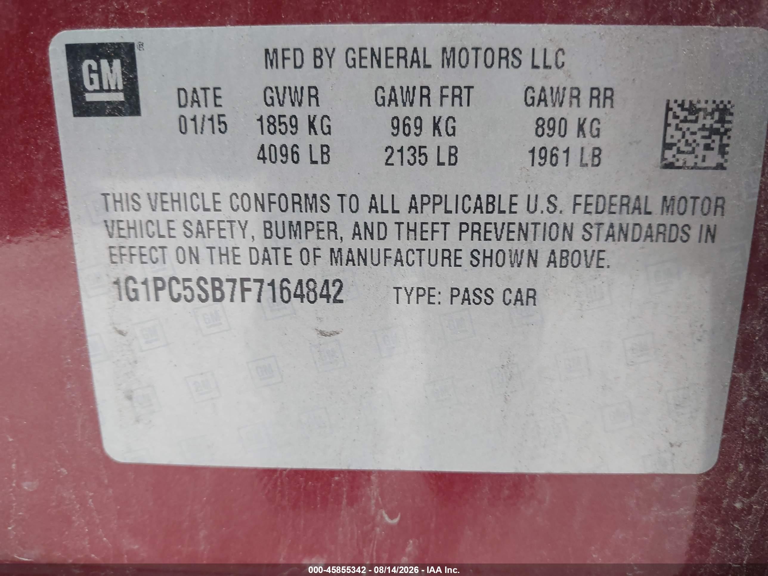 2015 Chevrolet Cruze 1lt Auto Красный vin: 1G1PC5SB7F7164842