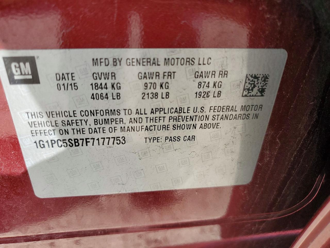 2015 Chevrolet Cruze Lt Red vin: 1G1PC5SB7F7177753