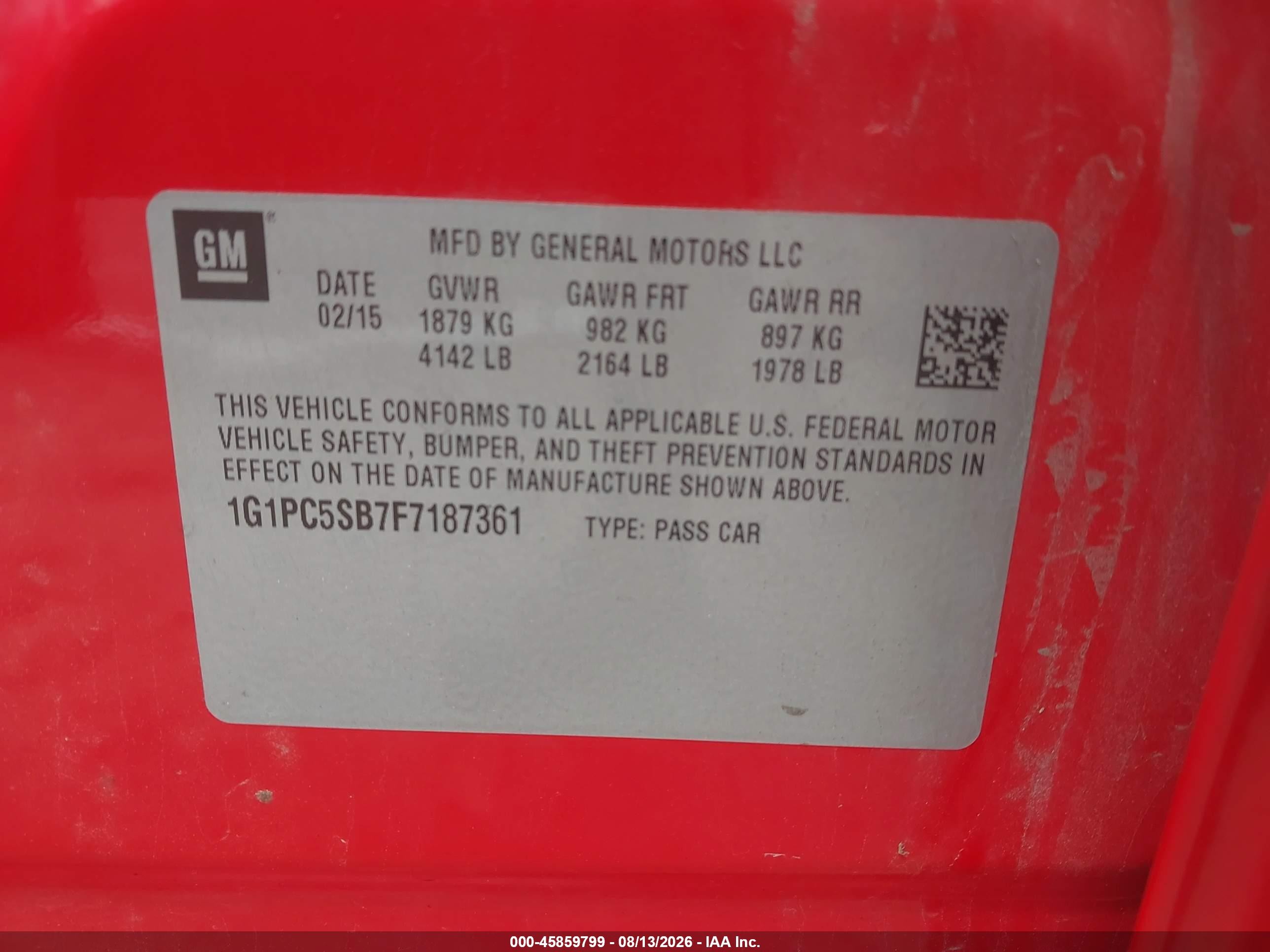 2015 Chevrolet Cruze 1lt Auto Red vin: 1G1PC5SB7F7187361