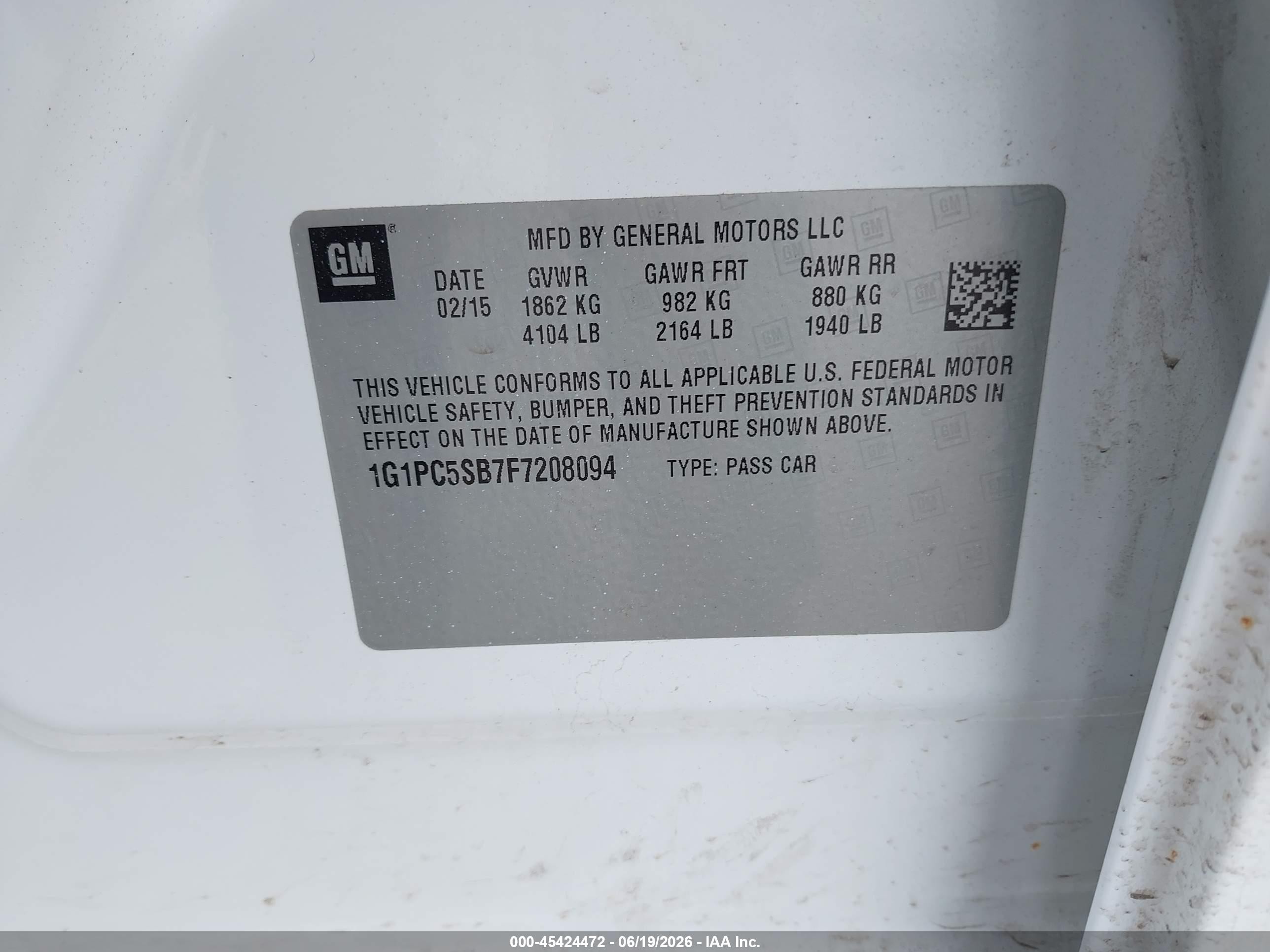 2015 Chevrolet Cruze 1lt Auto White vin: 1G1PC5SB7F7208094