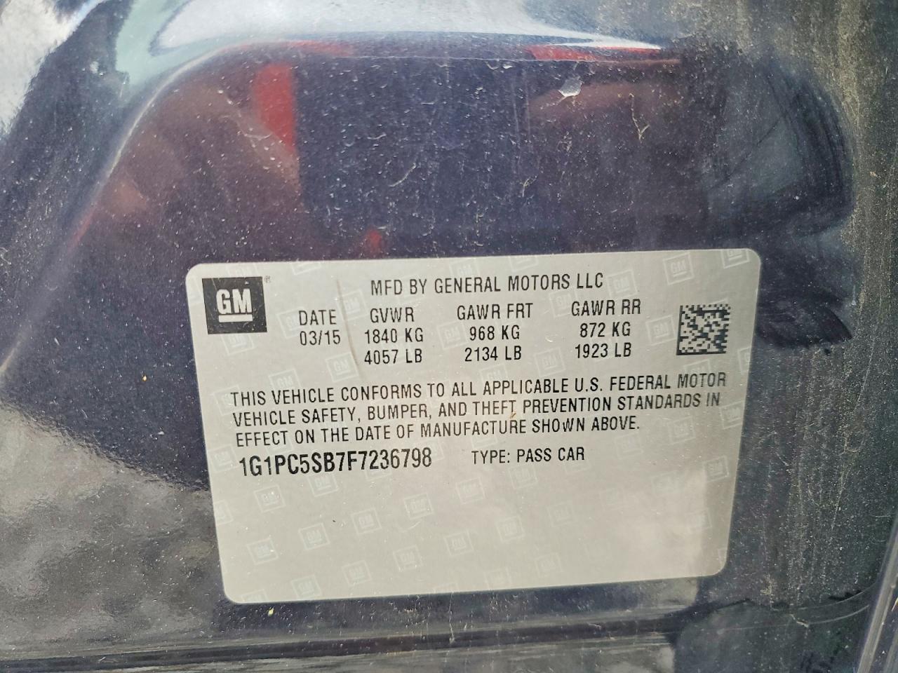 2015 Chevrolet Cruze Lt Blue vin: 1G1PC5SB7F7236798