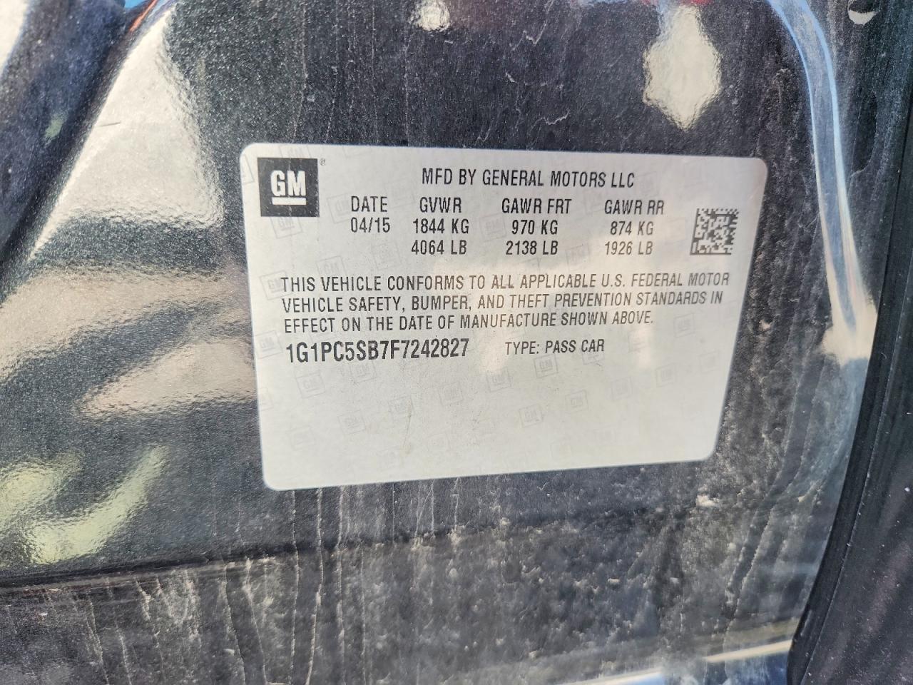 2015 Chevrolet Cruze Lt Black vin: 1G1PC5SB7F7242827