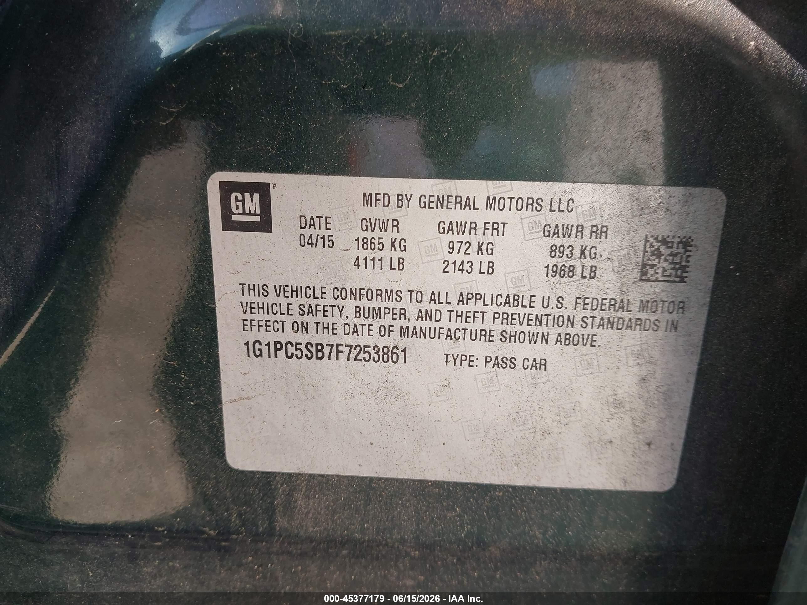 2015 Chevrolet Cruze 1lt Auto Green vin: 1G1PC5SB7F7253861