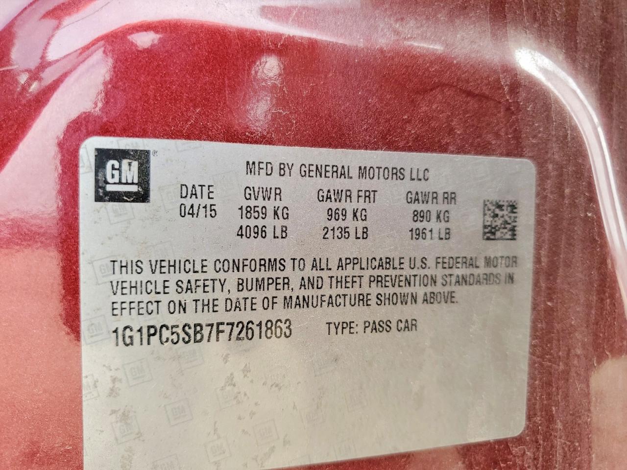 2015 Chevrolet Cruze Lt Burgundy vin: 1G1PC5SB7F7261863