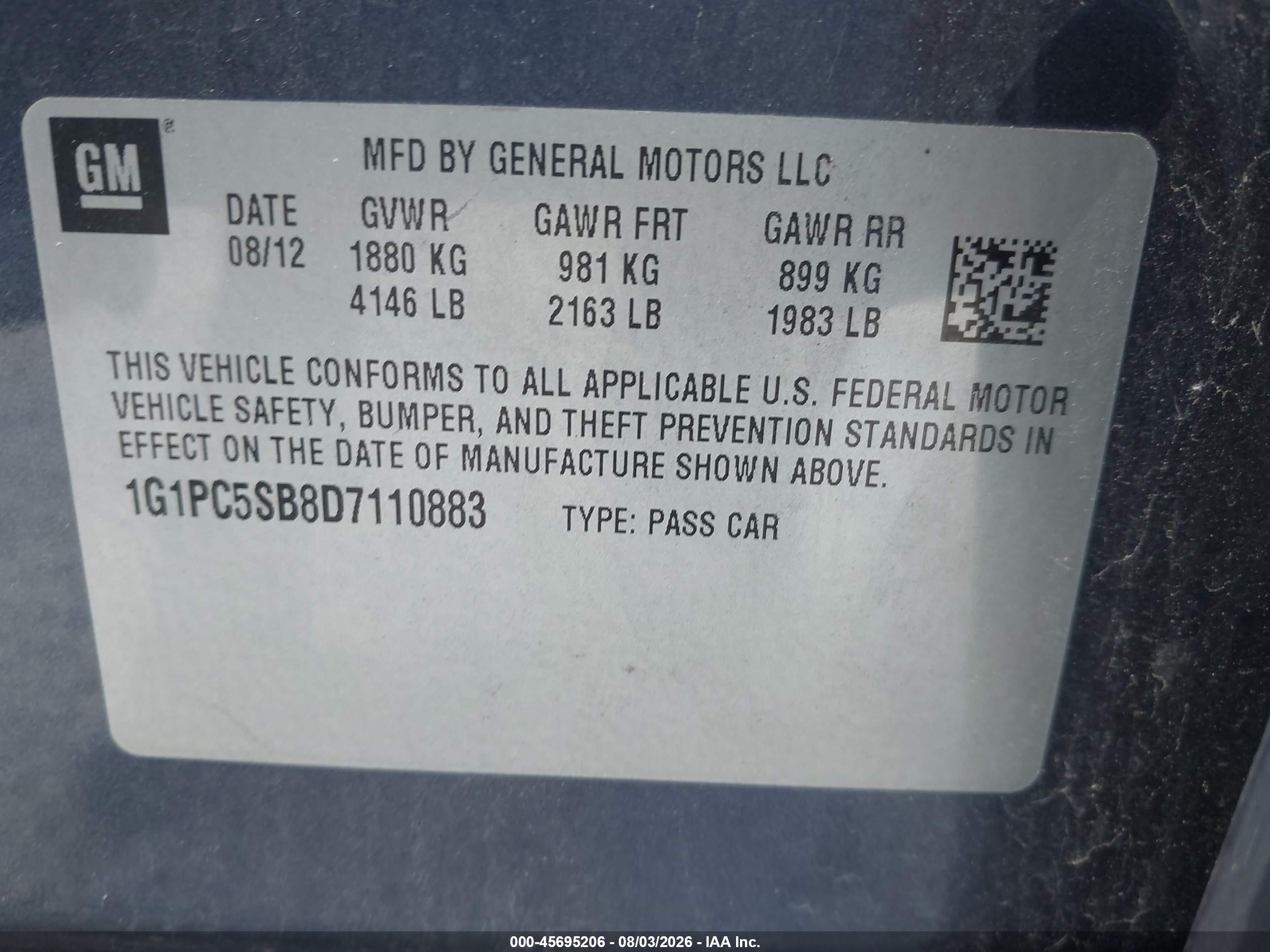 2013 Chevrolet Cruze 1lt Auto Light Blue vin: 1G1PC5SB8D7110883