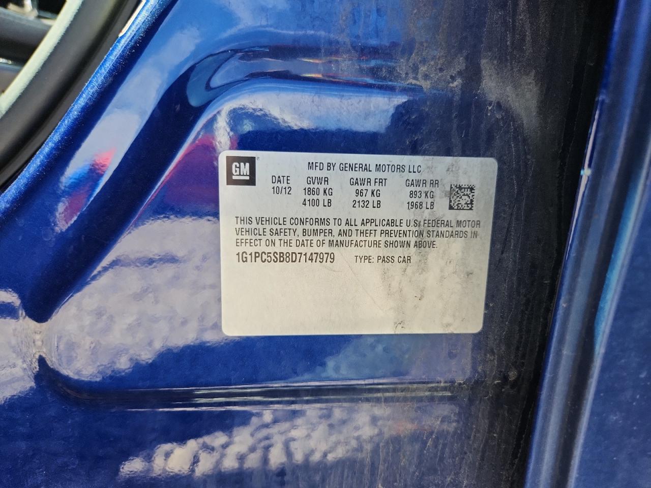 2013 Chevrolet Cruze Blue vin: 1G1PC5SB8D7147979