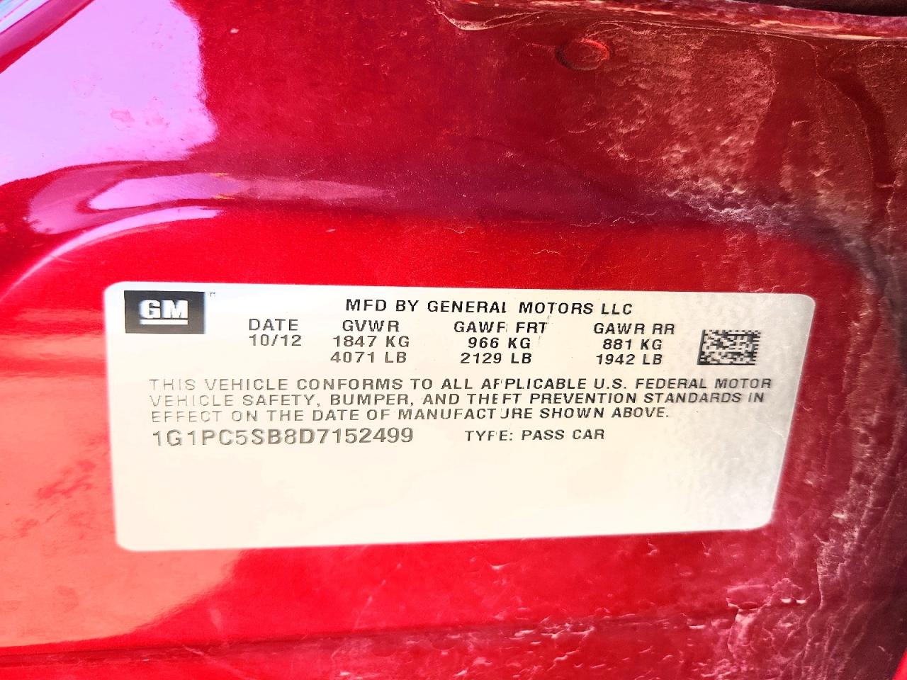 2013 Chevrolet Cruze Lt Red vin: 1G1PC5SB8D7152499