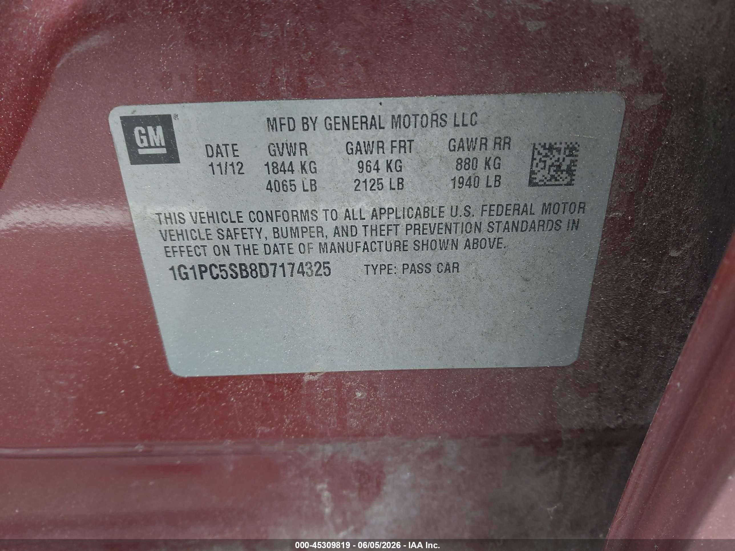 2013 Chevrolet Cruze 1lt Auto Red vin: 1G1PC5SB8D7174325
