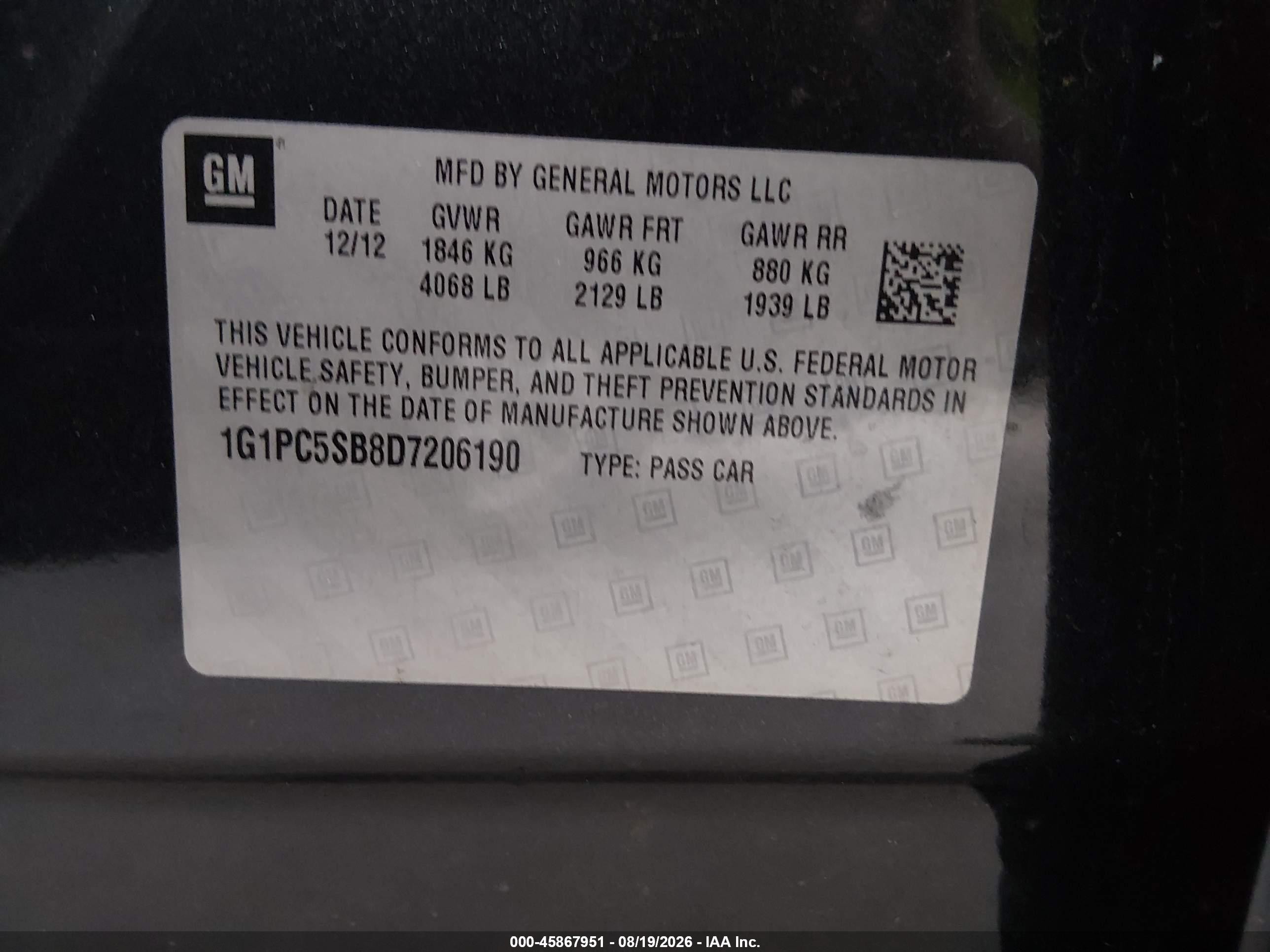 2013 Chevrolet Cruze 1lt Auto Black vin: 1G1PC5SB8D7206190