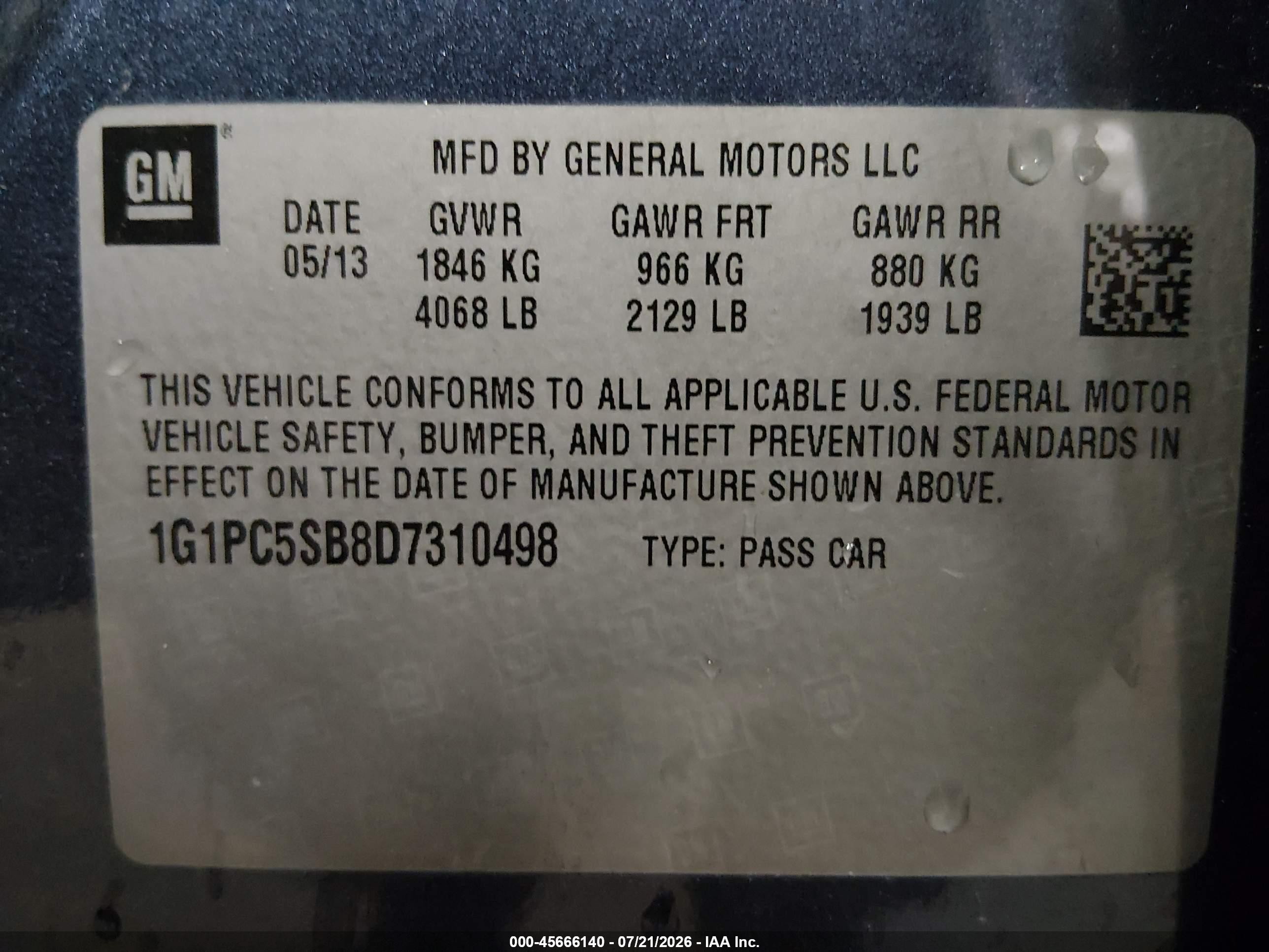 2013 Chevrolet Cruze 1lt Auto Light Blue vin: 1G1PC5SB8D7310498
