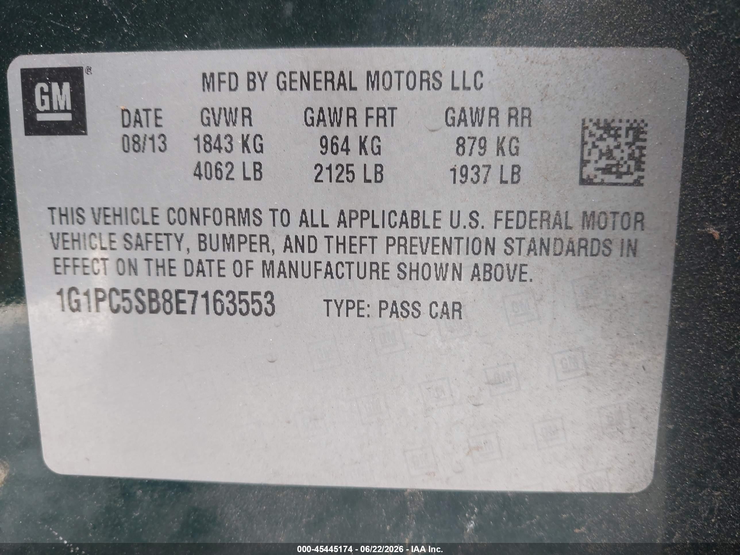 2014 Chevrolet Cruze 1lt Auto Green vin: 1G1PC5SB8E7163553