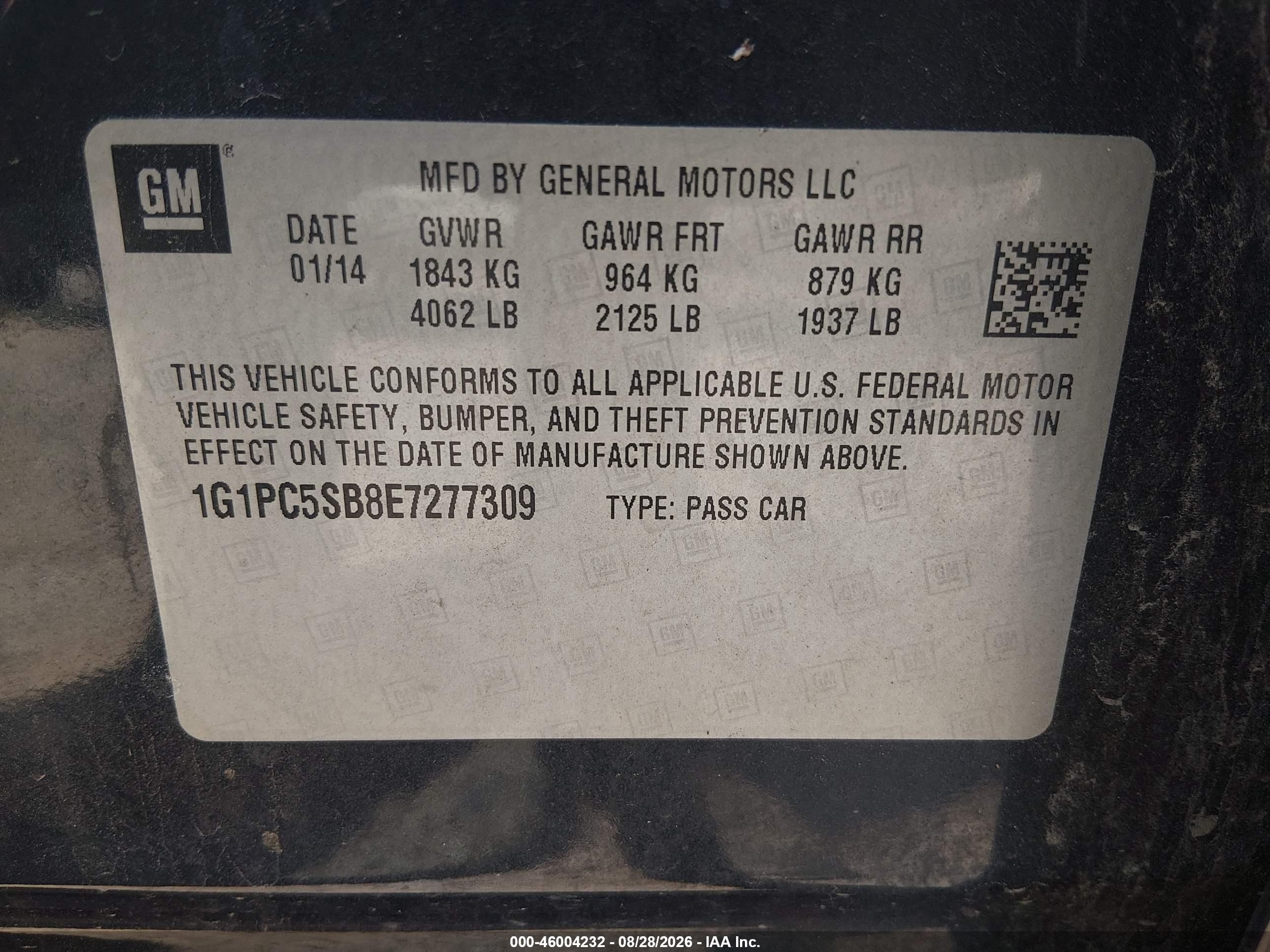 2014 Chevrolet Cruze 1lt Auto Черный vin: 1G1PC5SB8E7277309