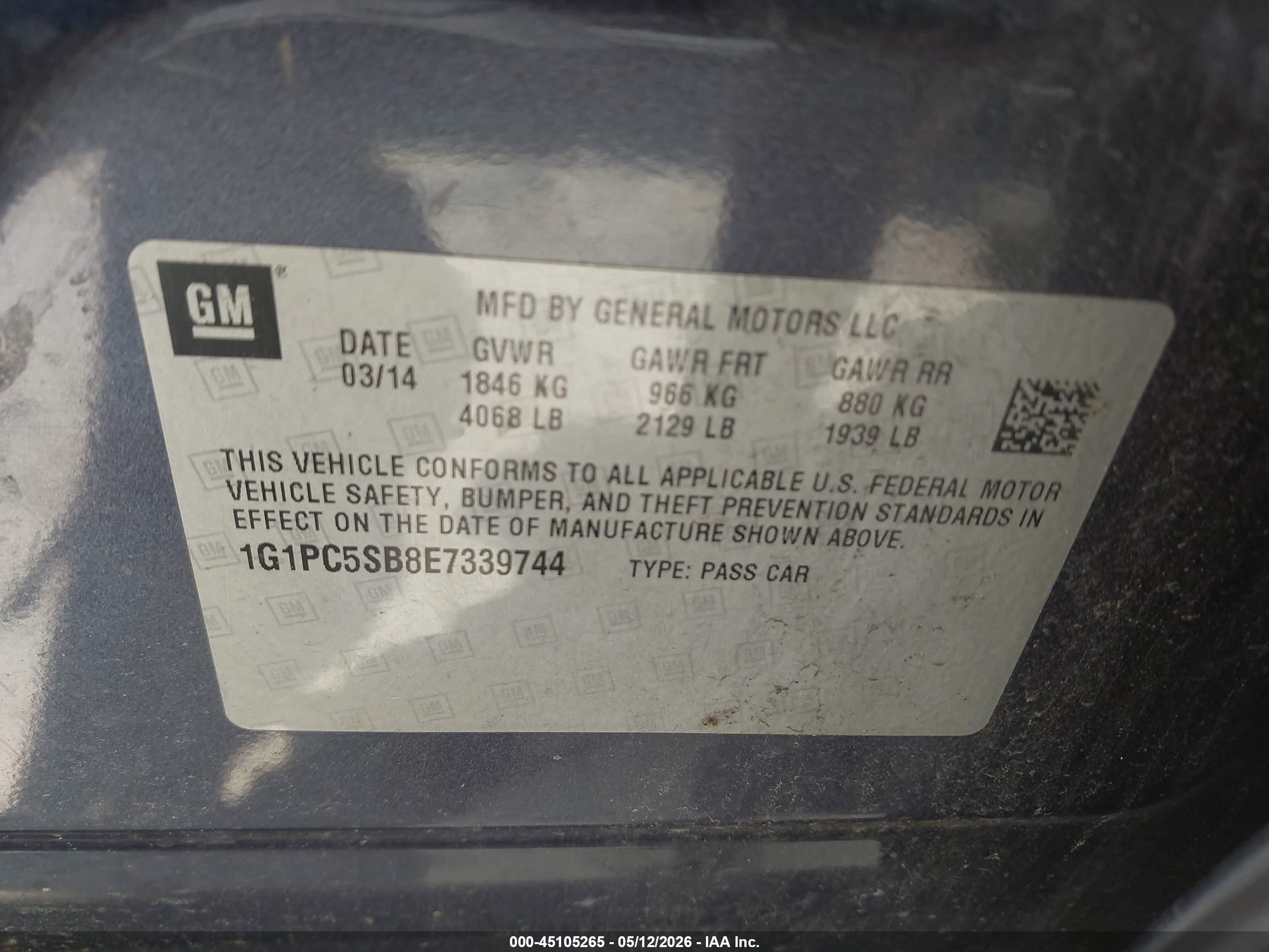2014 Chevrolet Cruze 1lt Auto Gray vin: 1G1PC5SB8E7339744