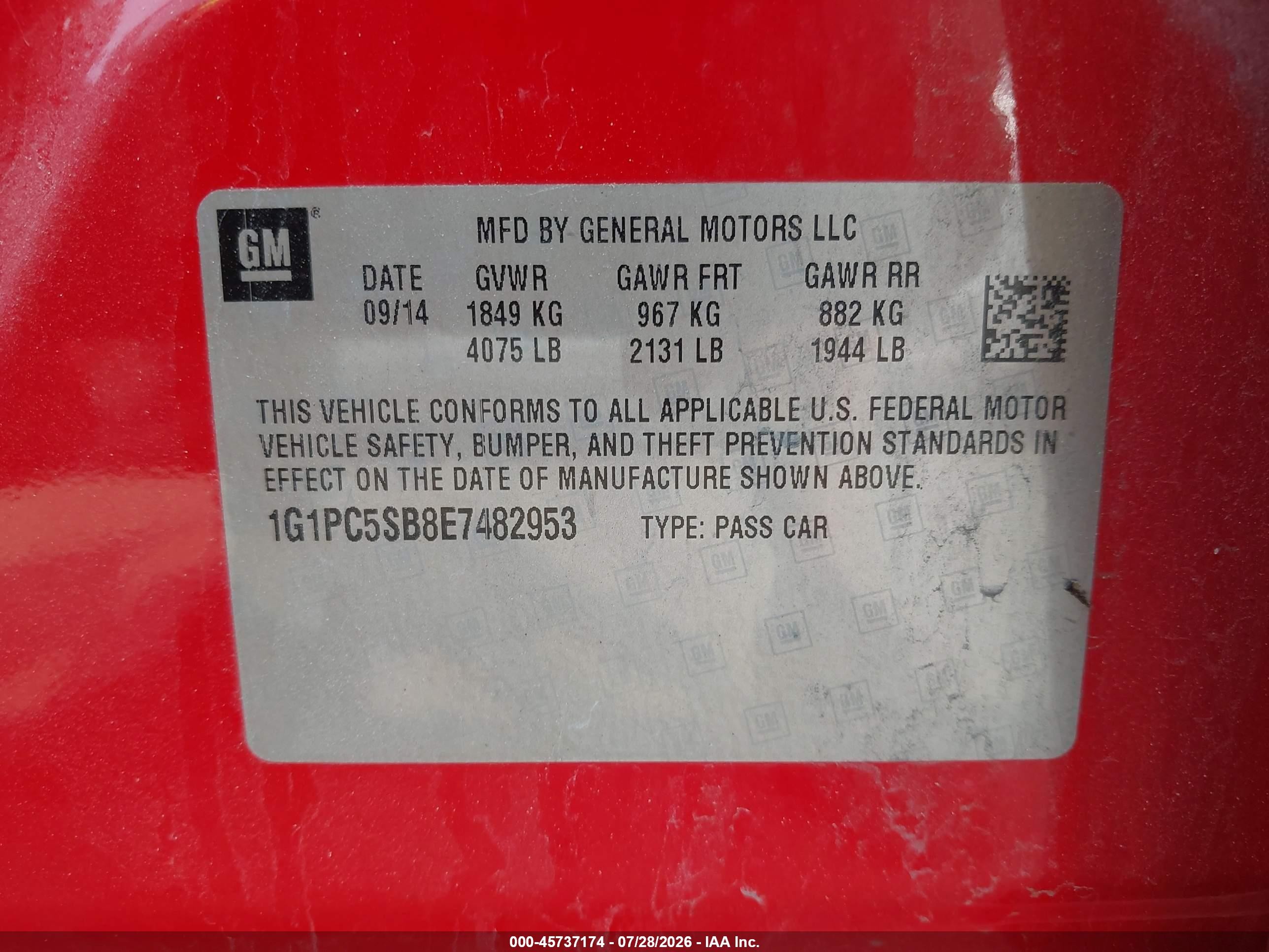 2014 Chevrolet Cruze 1lt Auto Red vin: 1G1PC5SB8E7482953