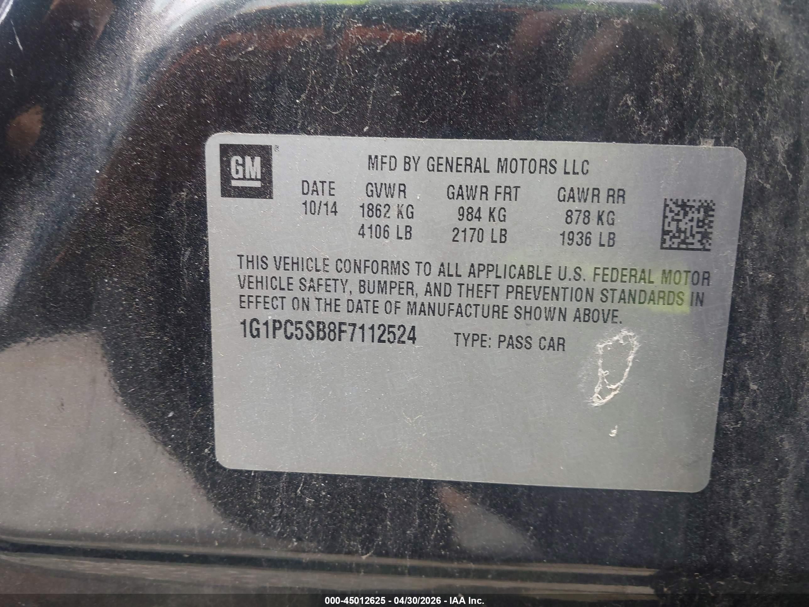 2015 Chevrolet Cruze 1lt Auto Black vin: 1G1PC5SB8F7112524