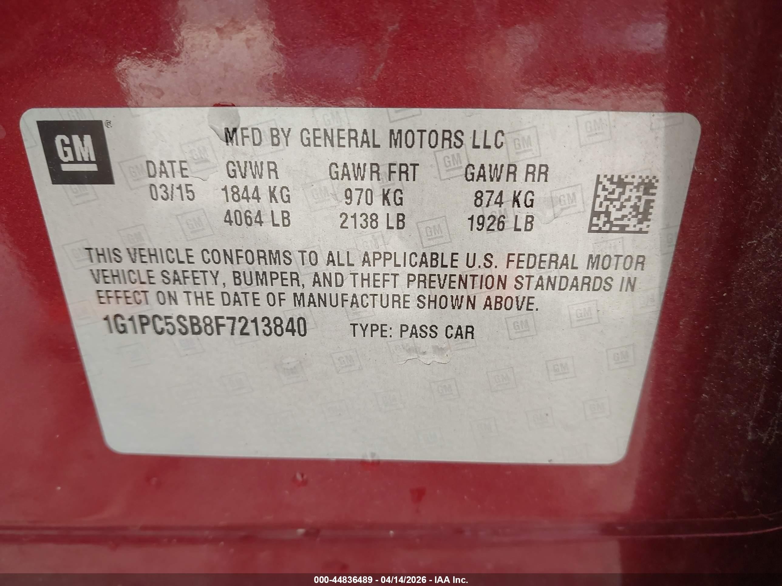 2015 Chevrolet Cruze 1lt Auto Red vin: 1G1PC5SB8F7213840
