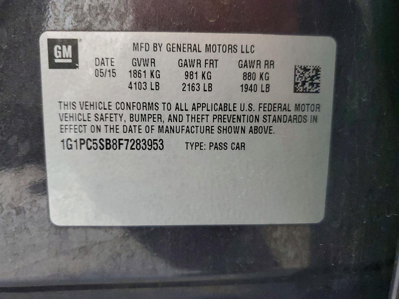 2015 Chevrolet Cruze Lt Charcoal vin: 1G1PC5SB8F7283953