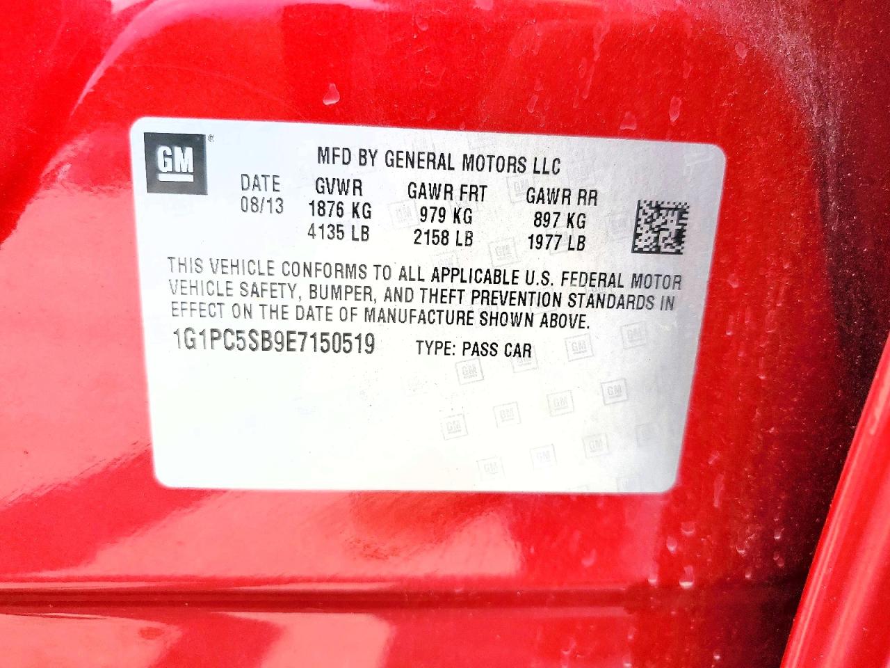 2014 Chevrolet Cruze Lt Red vin: 1G1PC5SB9E7150519