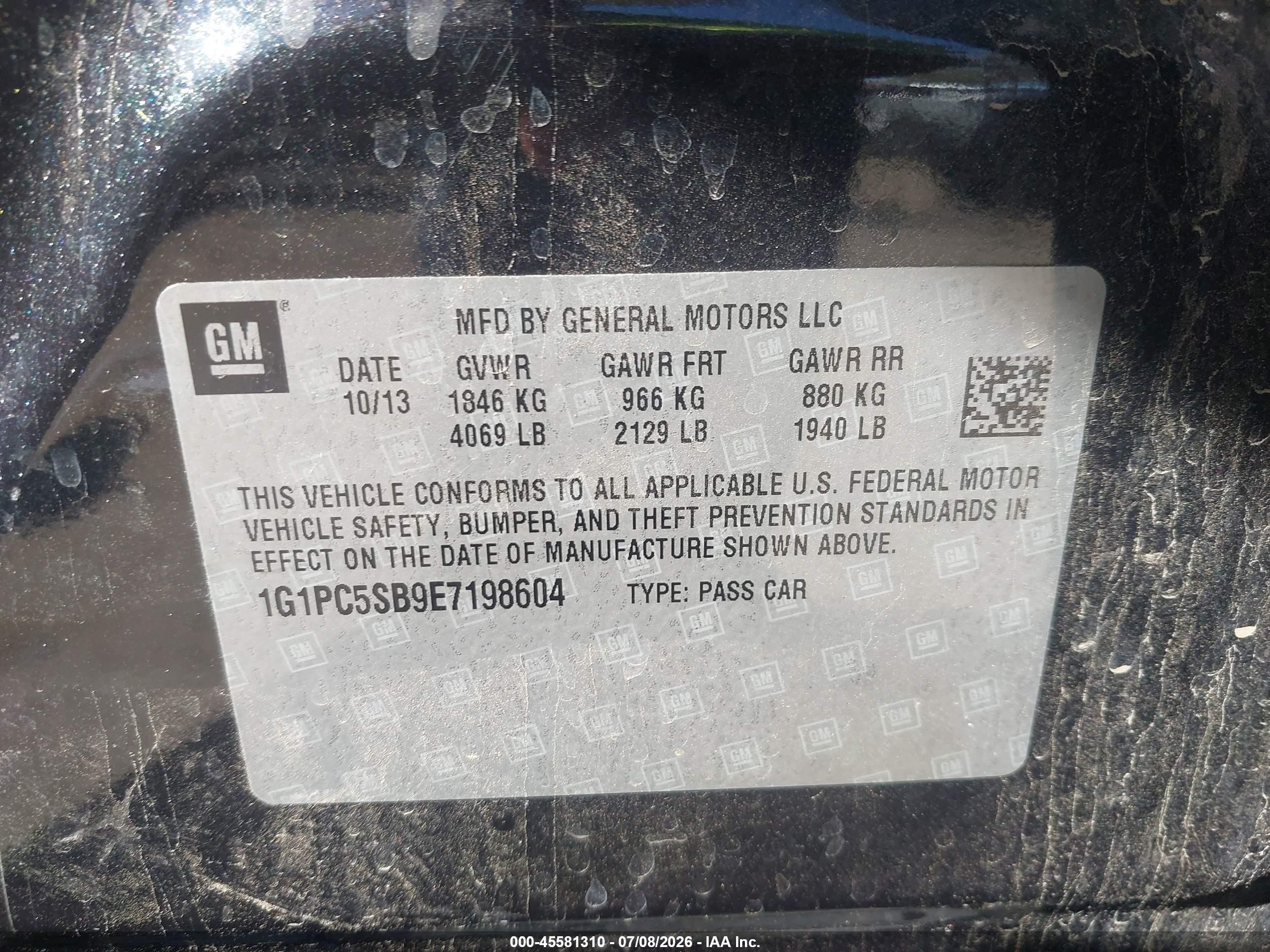 2014 Chevrolet Cruze 1lt Auto Black vin: 1G1PC5SB9E7198604