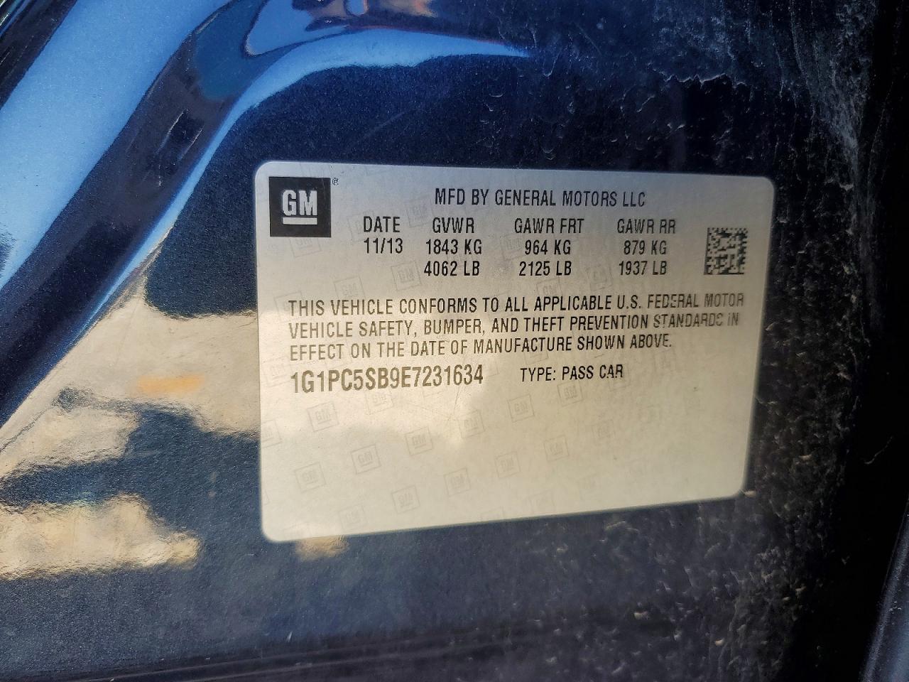 2014 Chevrolet Cruze Lt Blue vin: 1G1PC5SB9E7231634