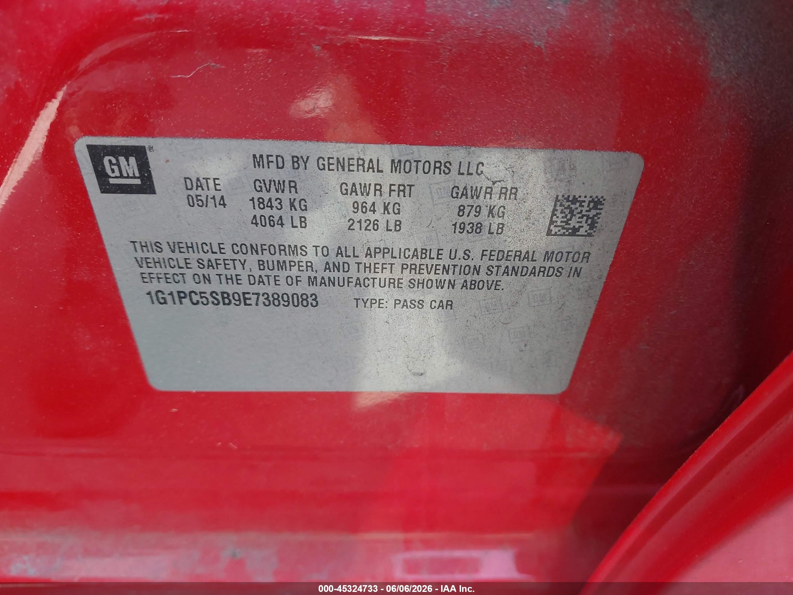 2014 Chevrolet Cruze 1lt Auto Red vin: 1G1PC5SB9E7389083