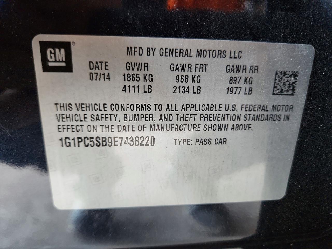 2014 Chevrolet Cruze Lt Blue vin: 1G1PC5SB9E7438220