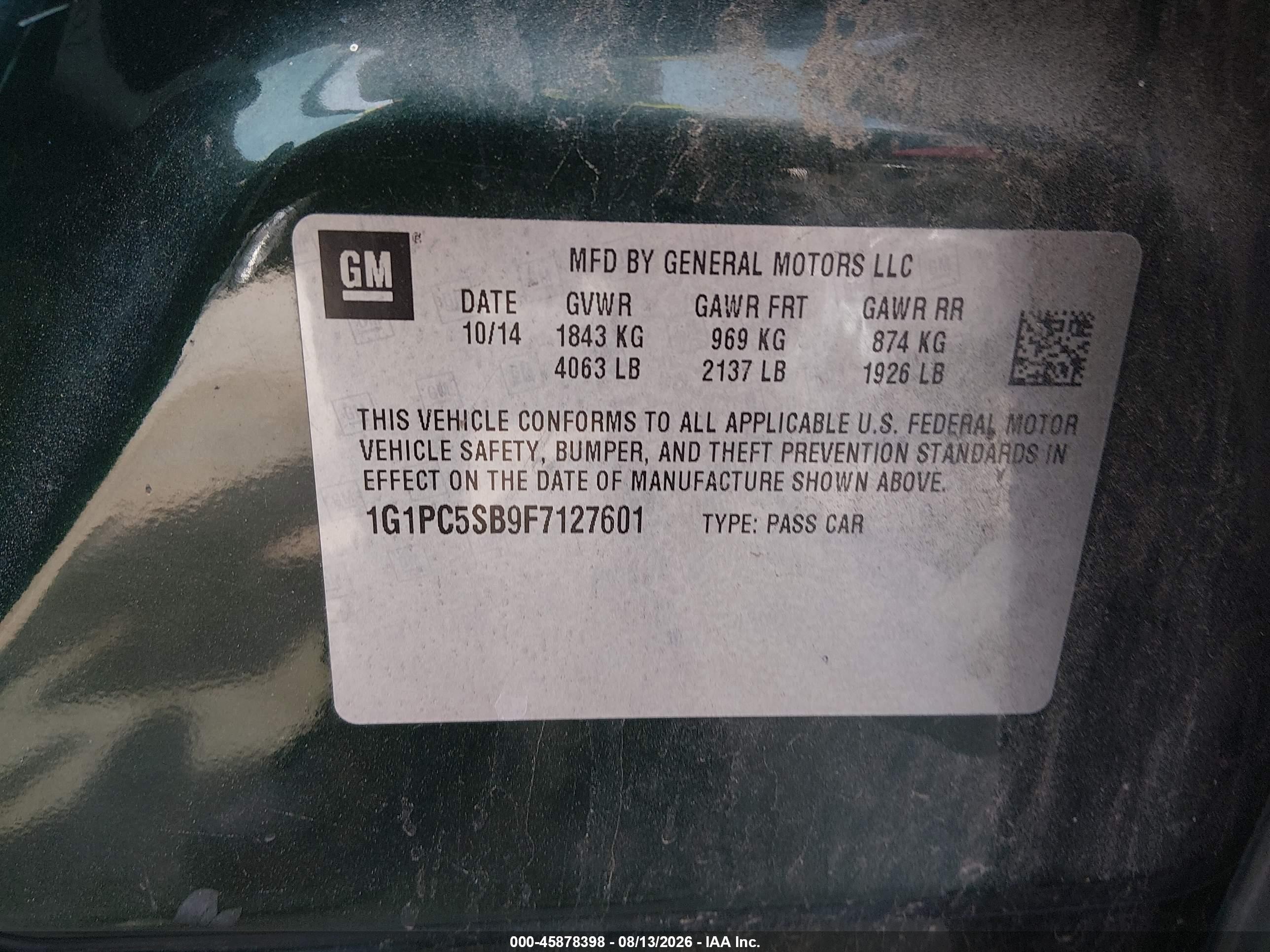 2015 Chevrolet Cruze 1lt Auto Green vin: 1G1PC5SB9F7127601