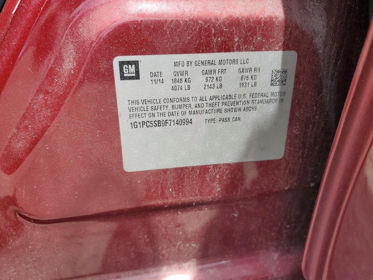 2015 Chevrolet Cruze Lt Red vin: 1G1PC5SB9F7140994