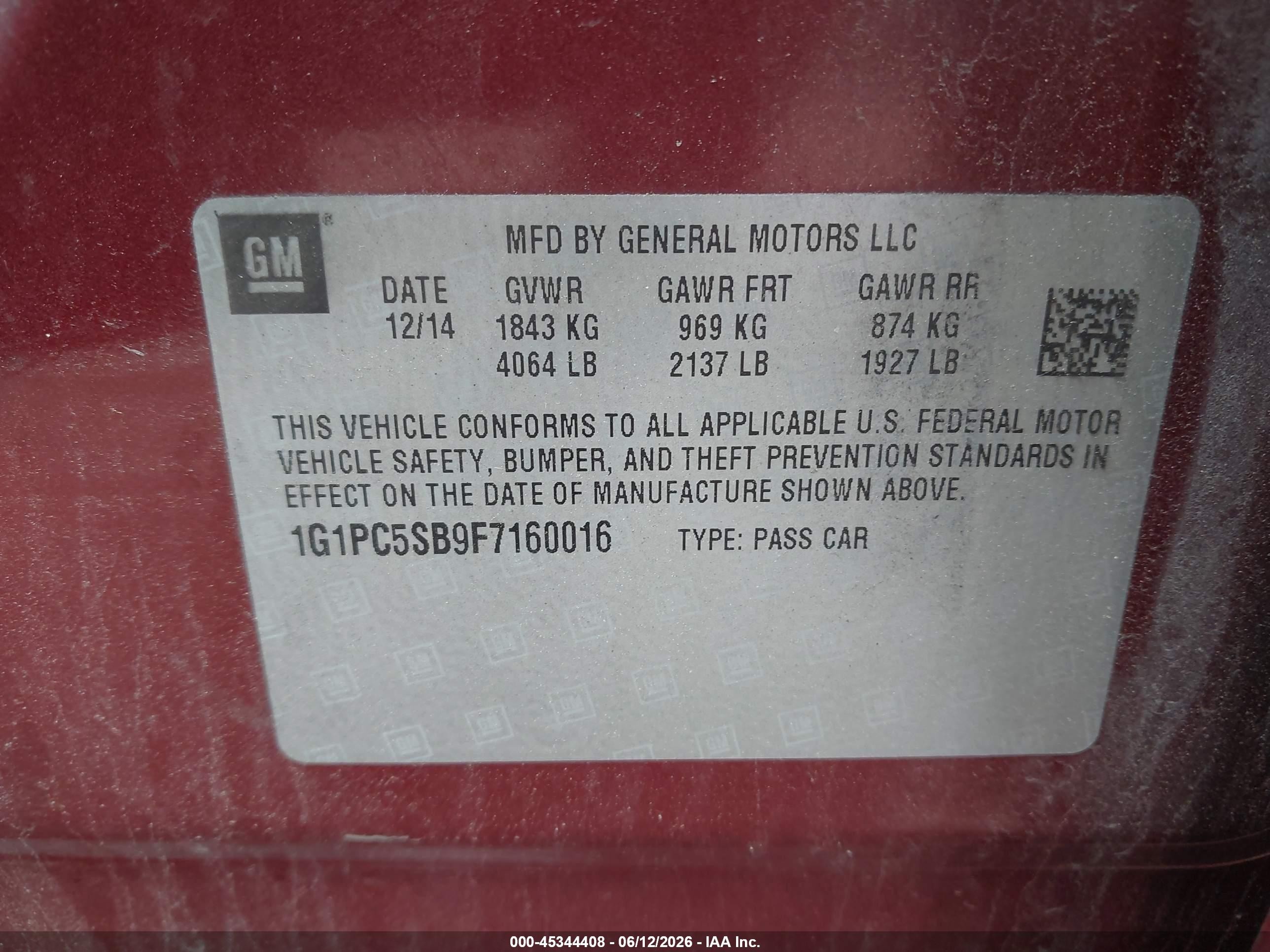 2015 Chevrolet Cruze 1lt Auto Maroon vin: 1G1PC5SB9F7160016