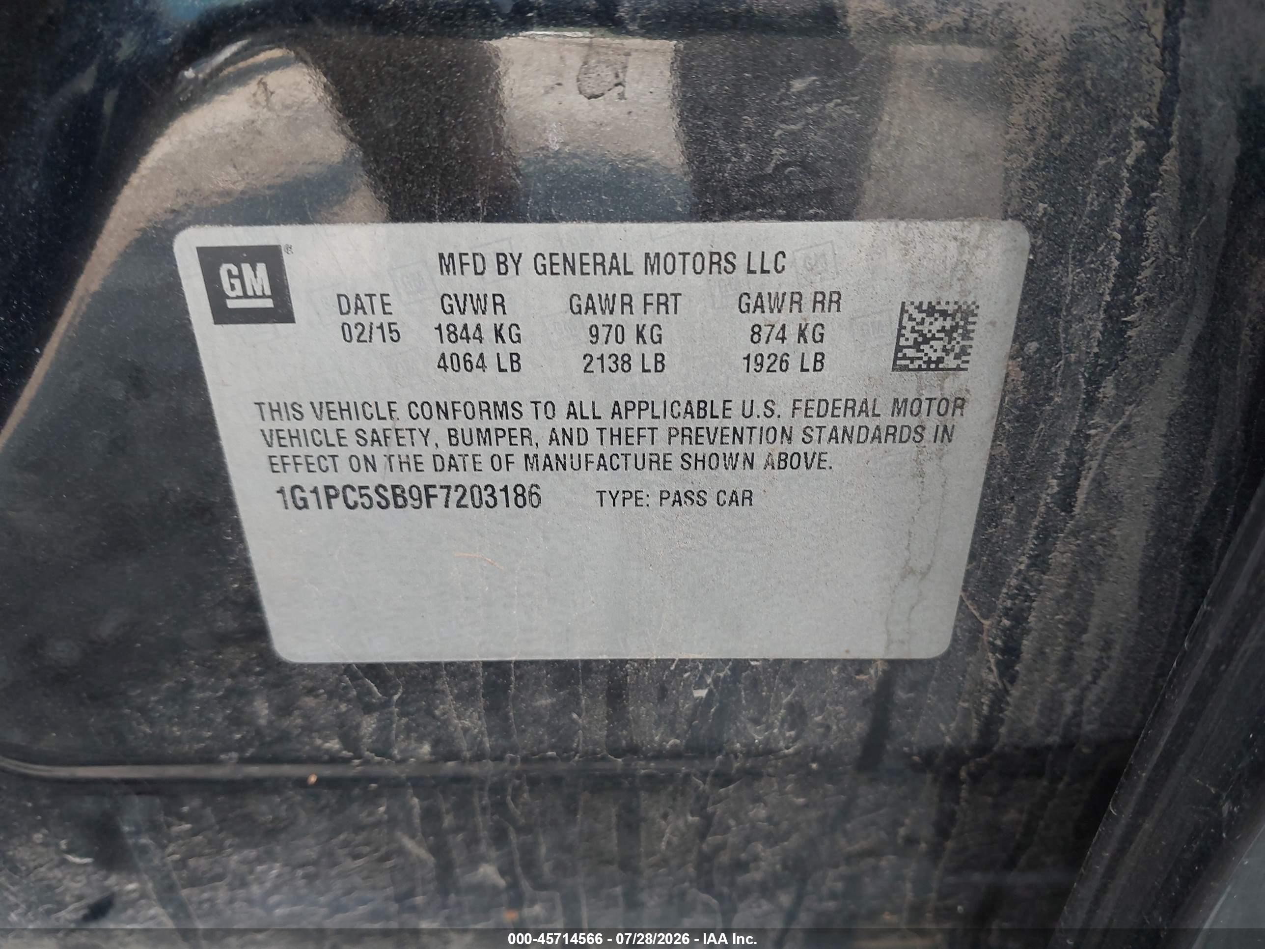 2015 Chevrolet Cruze 1lt Auto Black vin: 1G1PC5SB9F7203186
