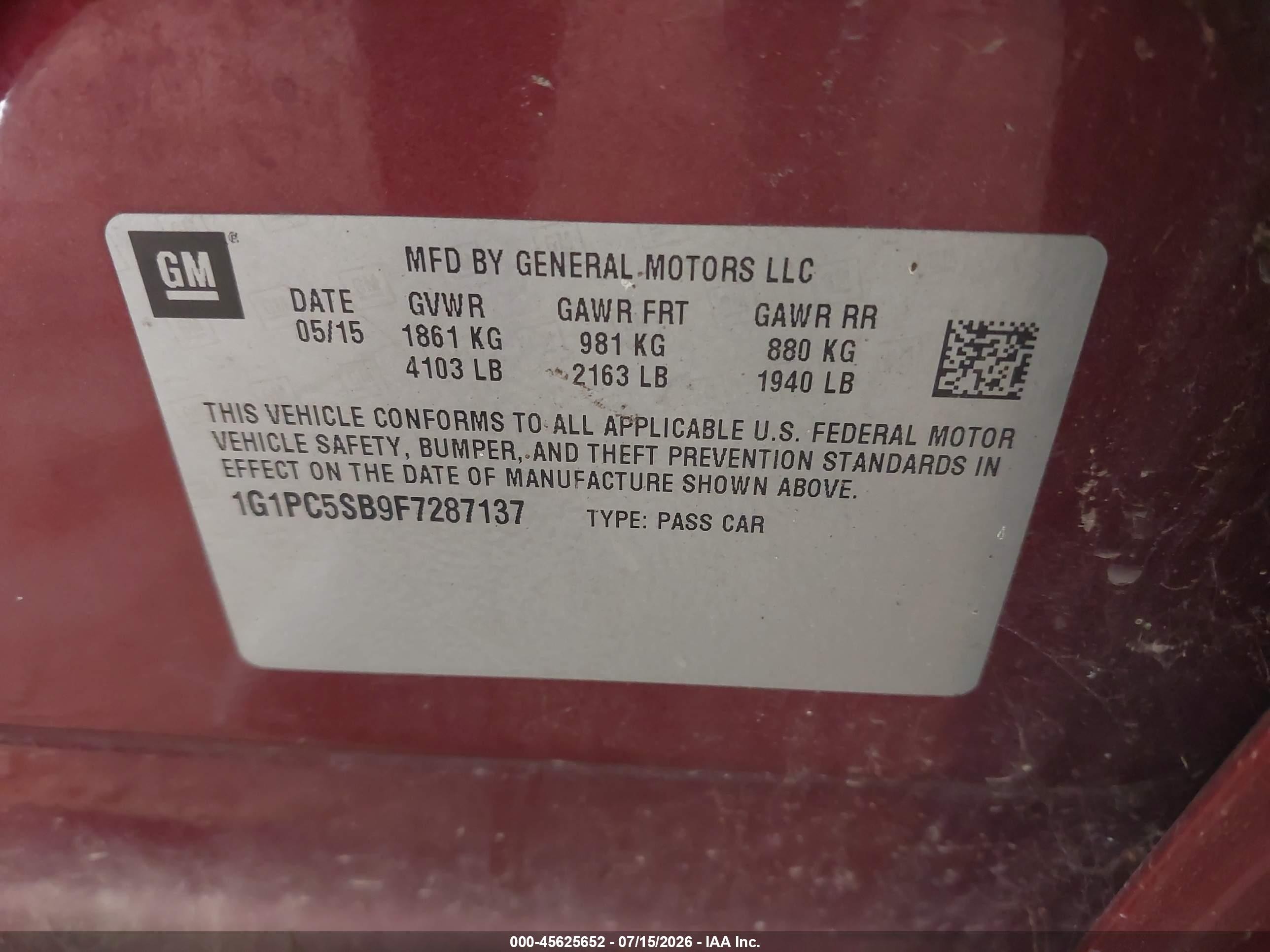 2015 Chevrolet Cruze 1lt Auto Maroon vin: 1G1PC5SB9F7287137