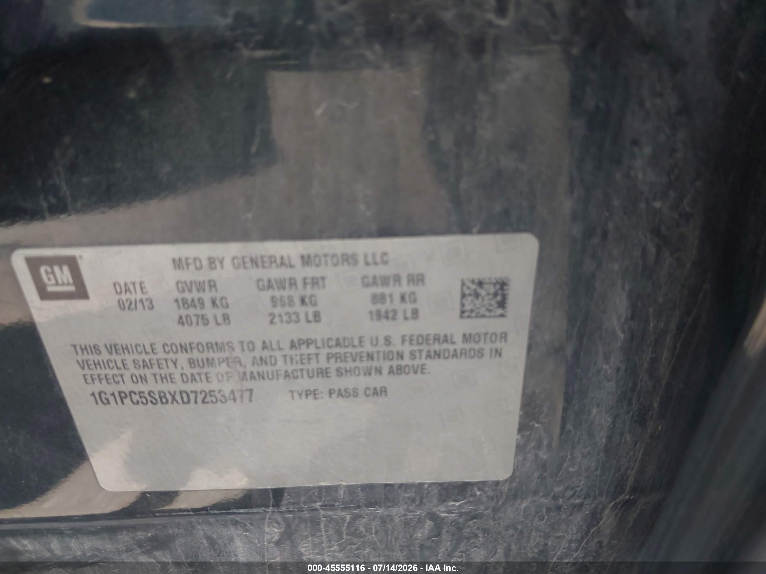 2013 Chevrolet Cruze 1lt Auto Черный vin: 1G1PC5SBXD7253477