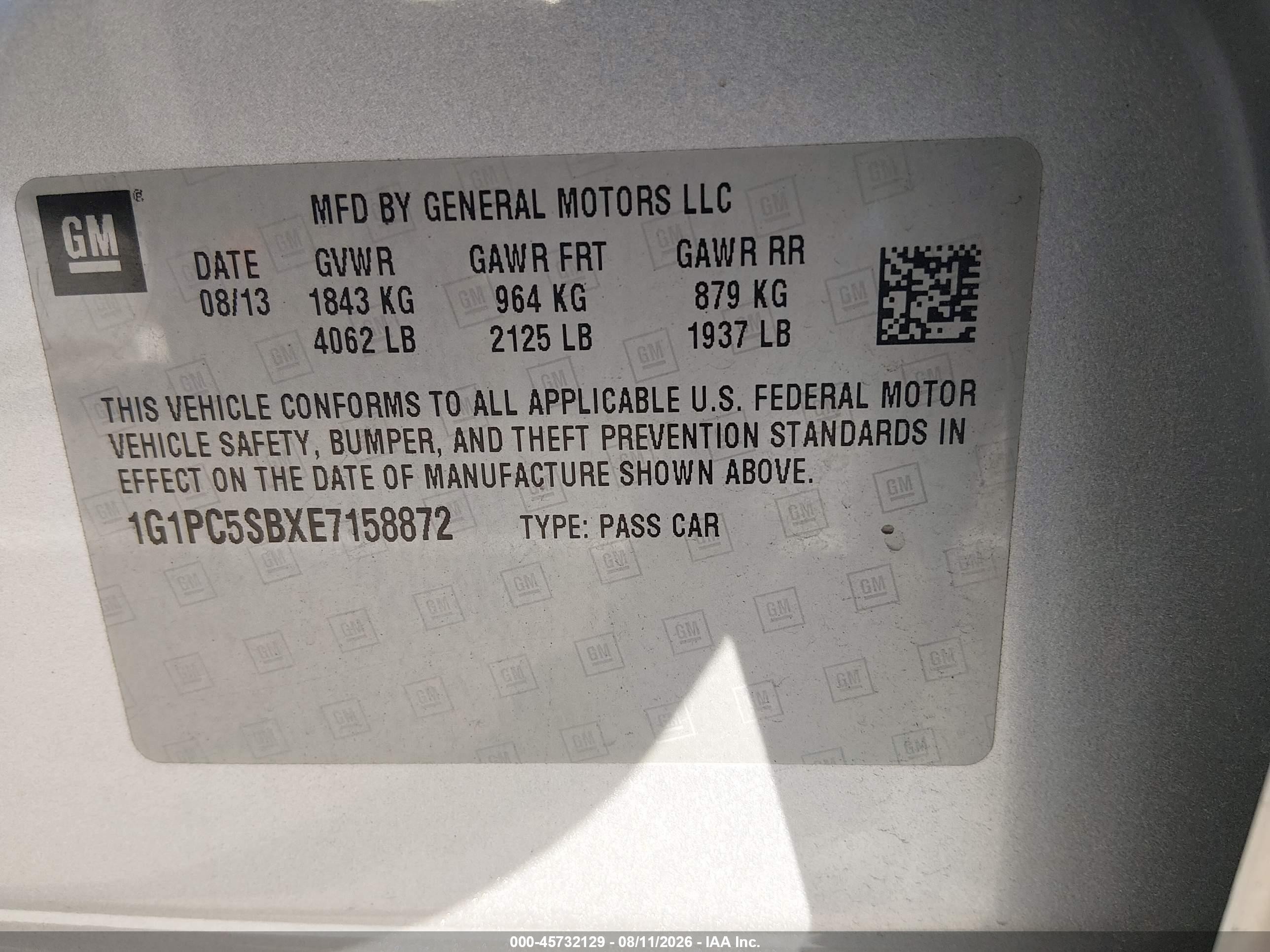 2014 Chevrolet Cruze 1lt Auto Серебряный vin: 1G1PC5SBXE7158872