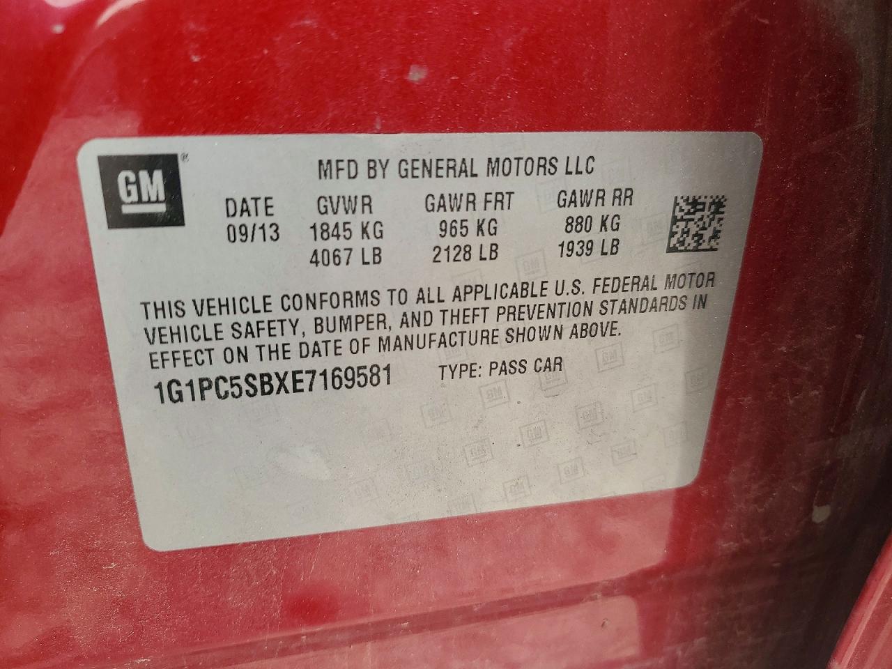 2014 Chevrolet Cruze Lt Red vin: 1G1PC5SBXE7169581