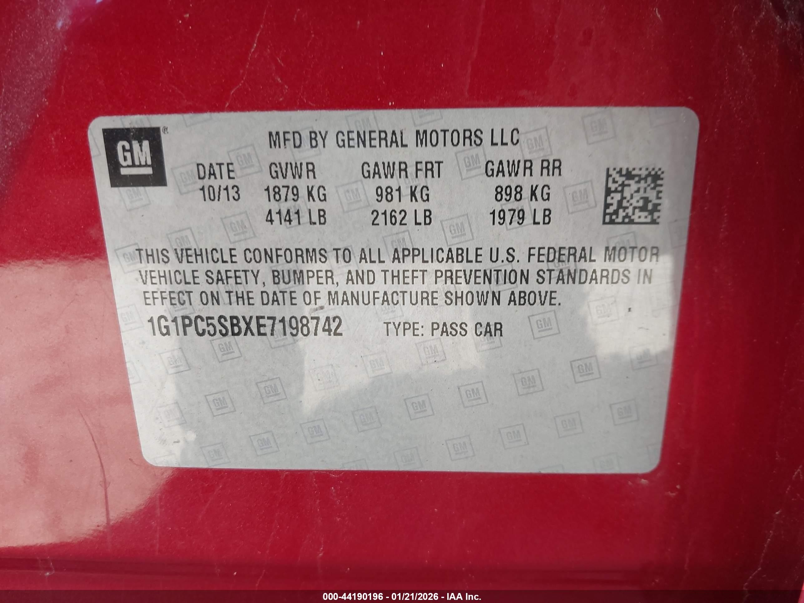 2014 Chevrolet Cruze 1lt Auto Red vin: 1G1PC5SBXE7198742