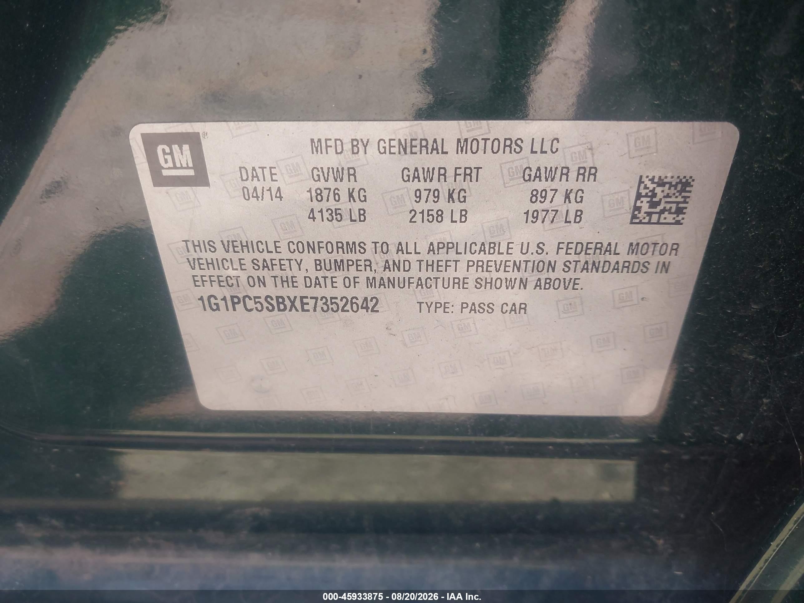 2014 Chevrolet Cruze 1lt Auto Green vin: 1G1PC5SBXE7352642