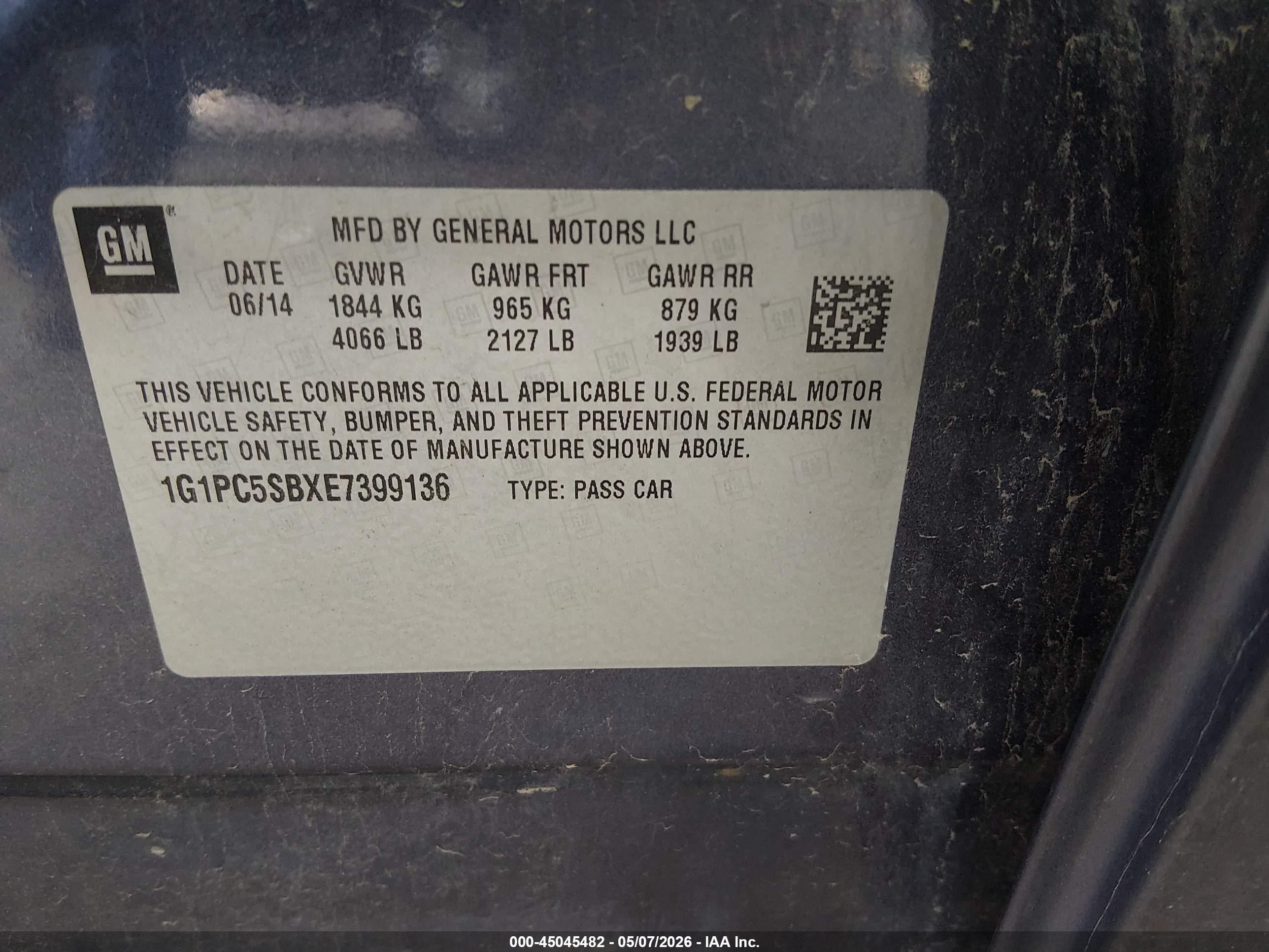 2014 Chevrolet Cruze 1lt Auto Navy vin: 1G1PC5SBXE7399136