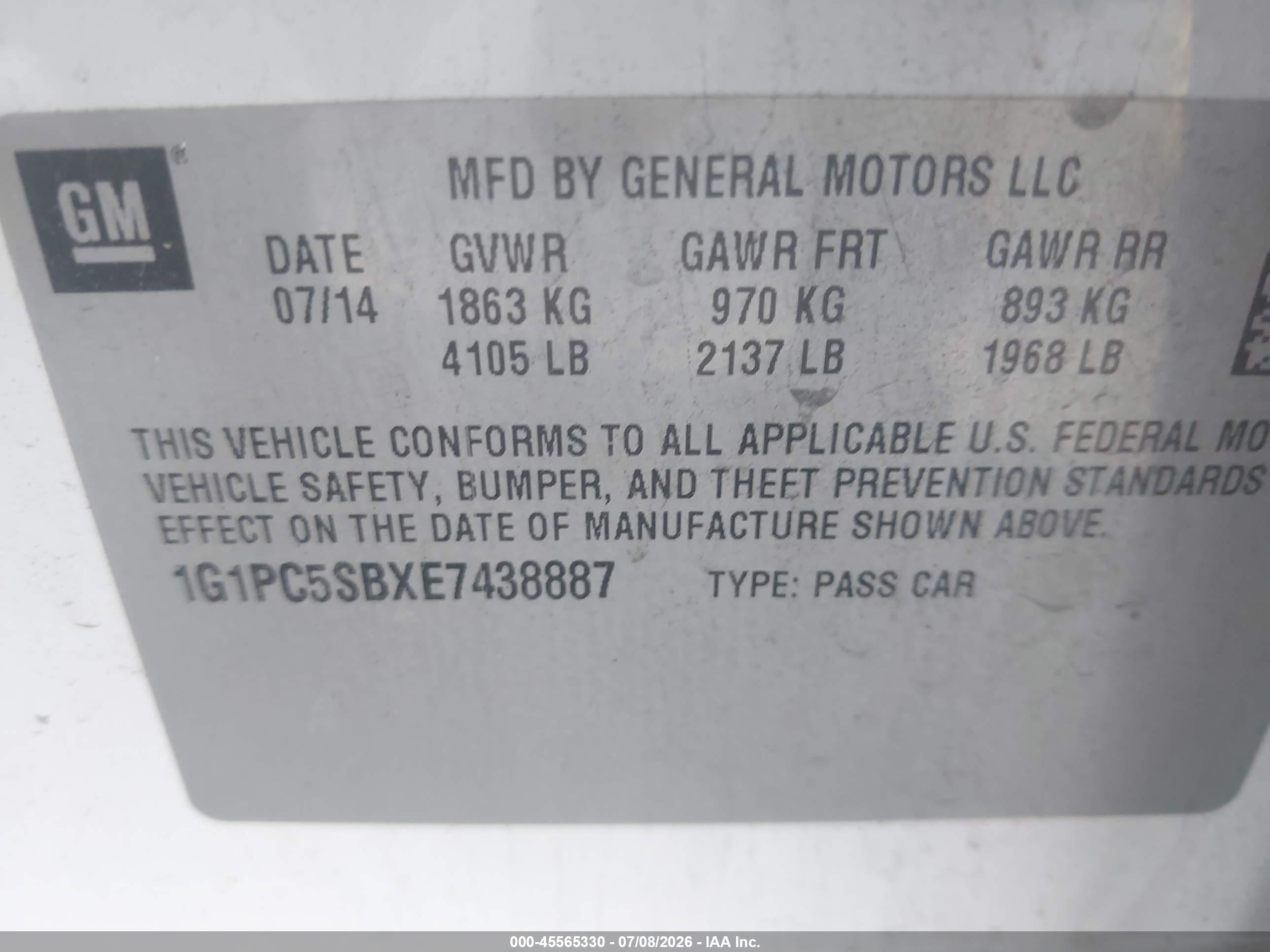 2014 Chevrolet Cruze 1lt Auto White vin: 1G1PC5SBXE7438887
