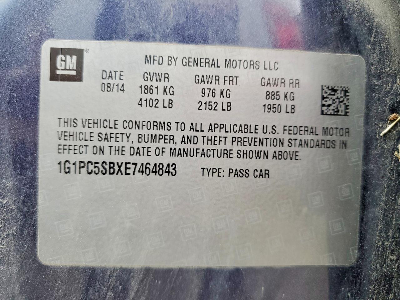 2014 Chevrolet Cruze Lt Blue vin: 1G1PC5SBXE7464843