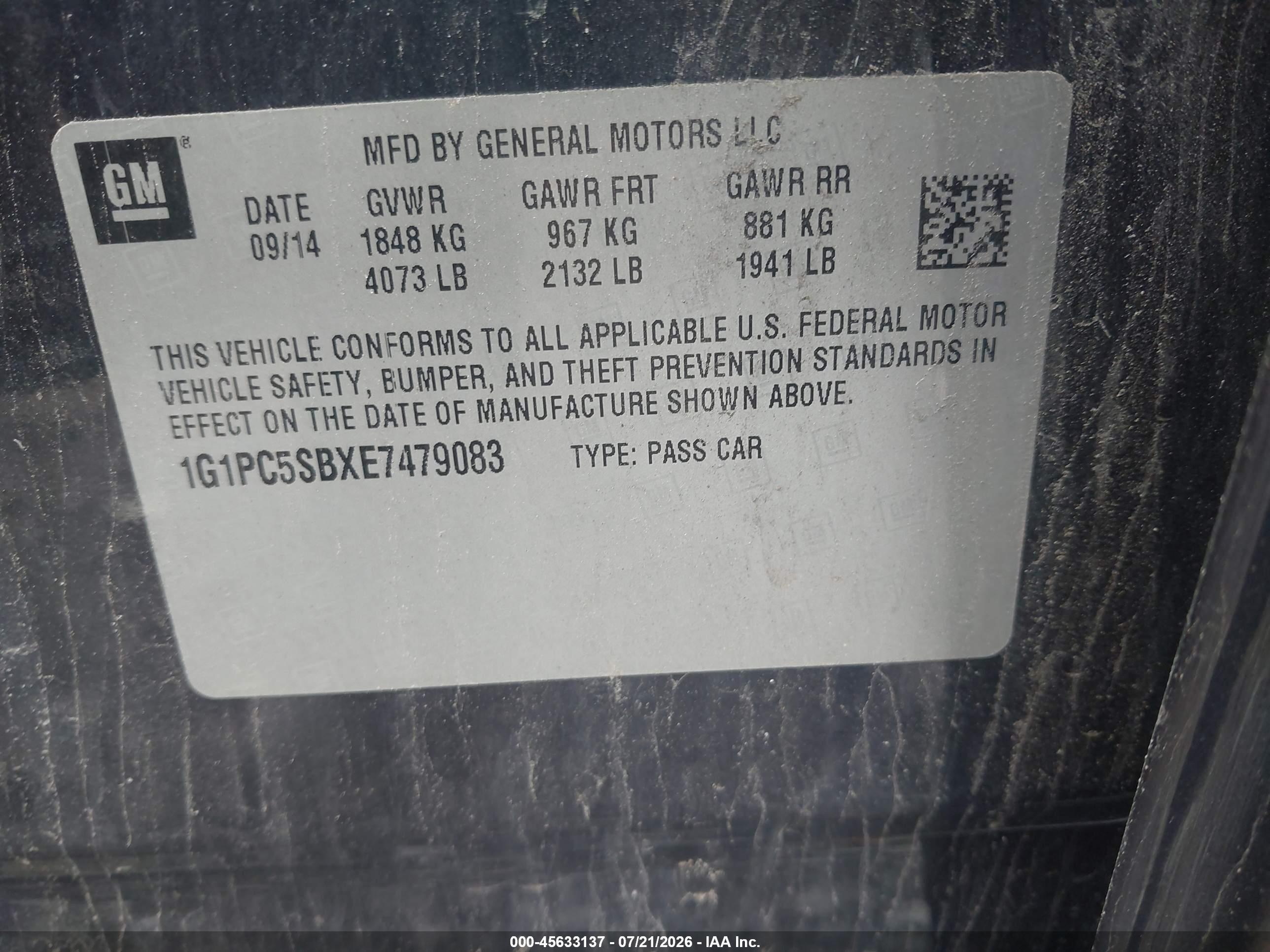 2014 Chevrolet Cruze 1lt Auto Blue vin: 1G1PC5SBXE7479083