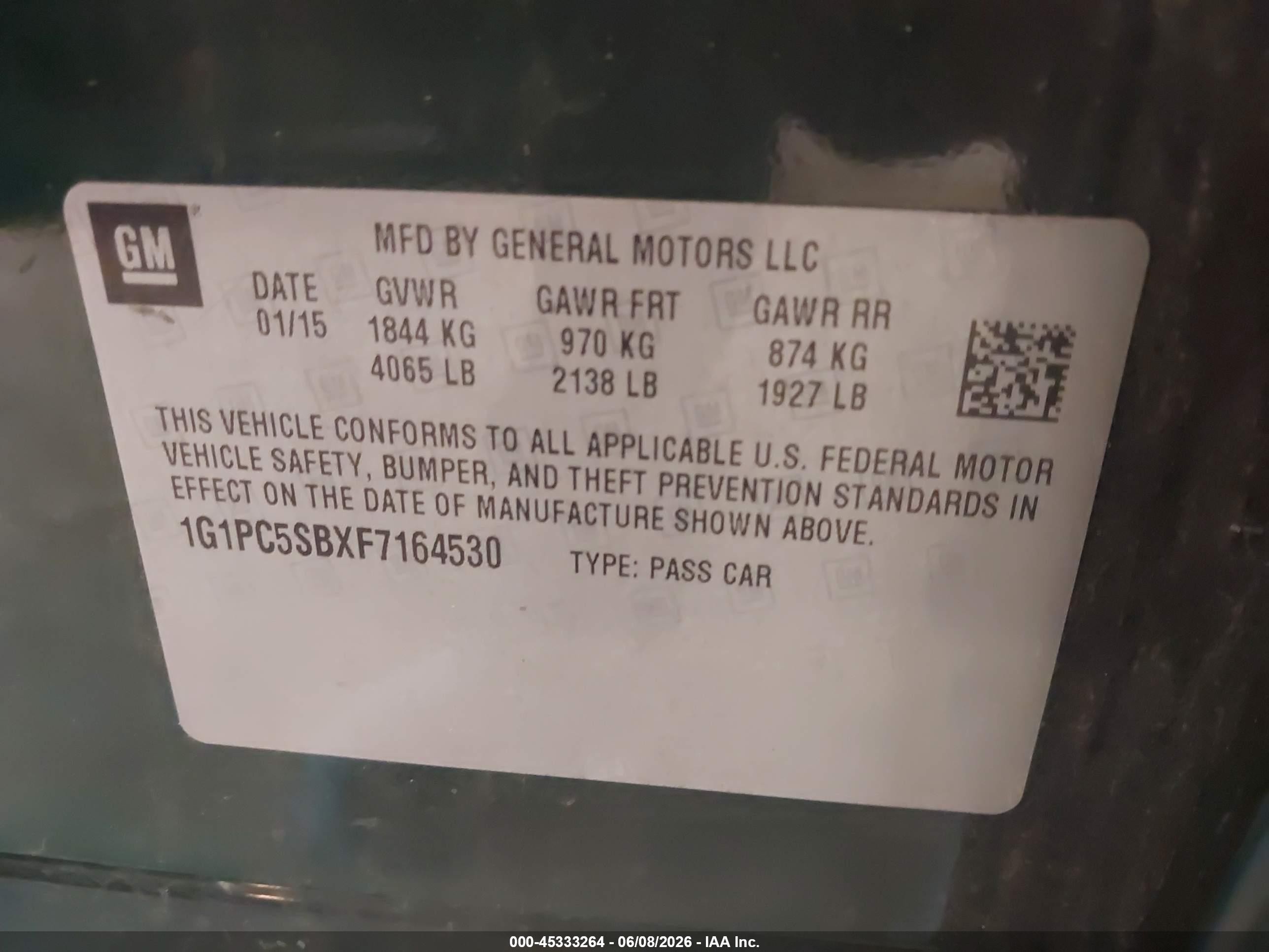 2015 Chevrolet Cruze 1lt Auto Green vin: 1G1PC5SBXF7164530