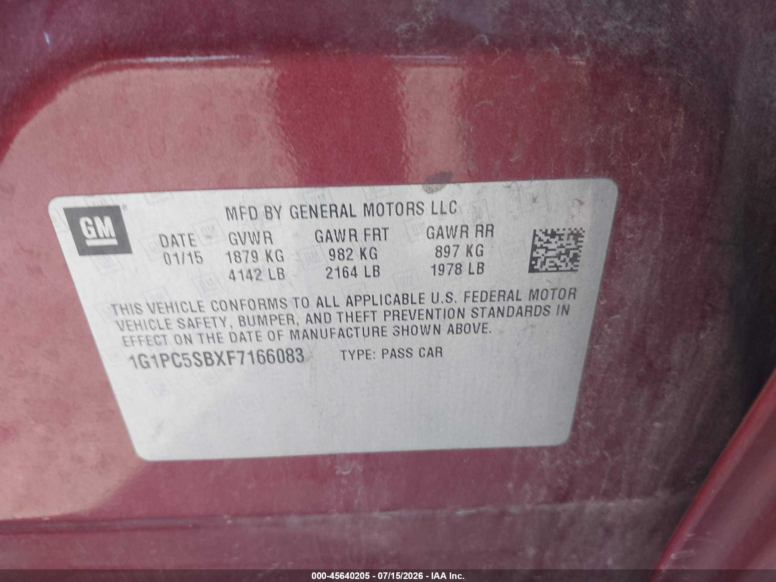 2015 Chevrolet Cruze 1lt Auto Red vin: 1G1PC5SBXF7166083