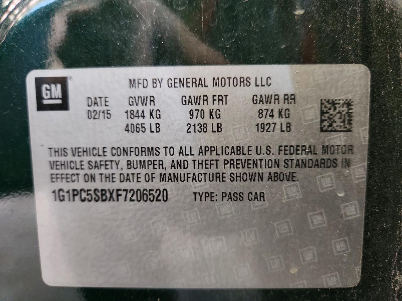 2015 Chevrolet Cruze Lt Green vin: 1G1PC5SBXF7206520