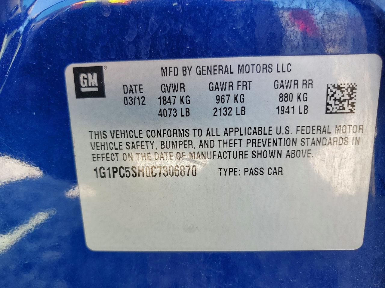 2012 Chevrolet Cruze Ls Blue vin: 1G1PC5SH0C7306870