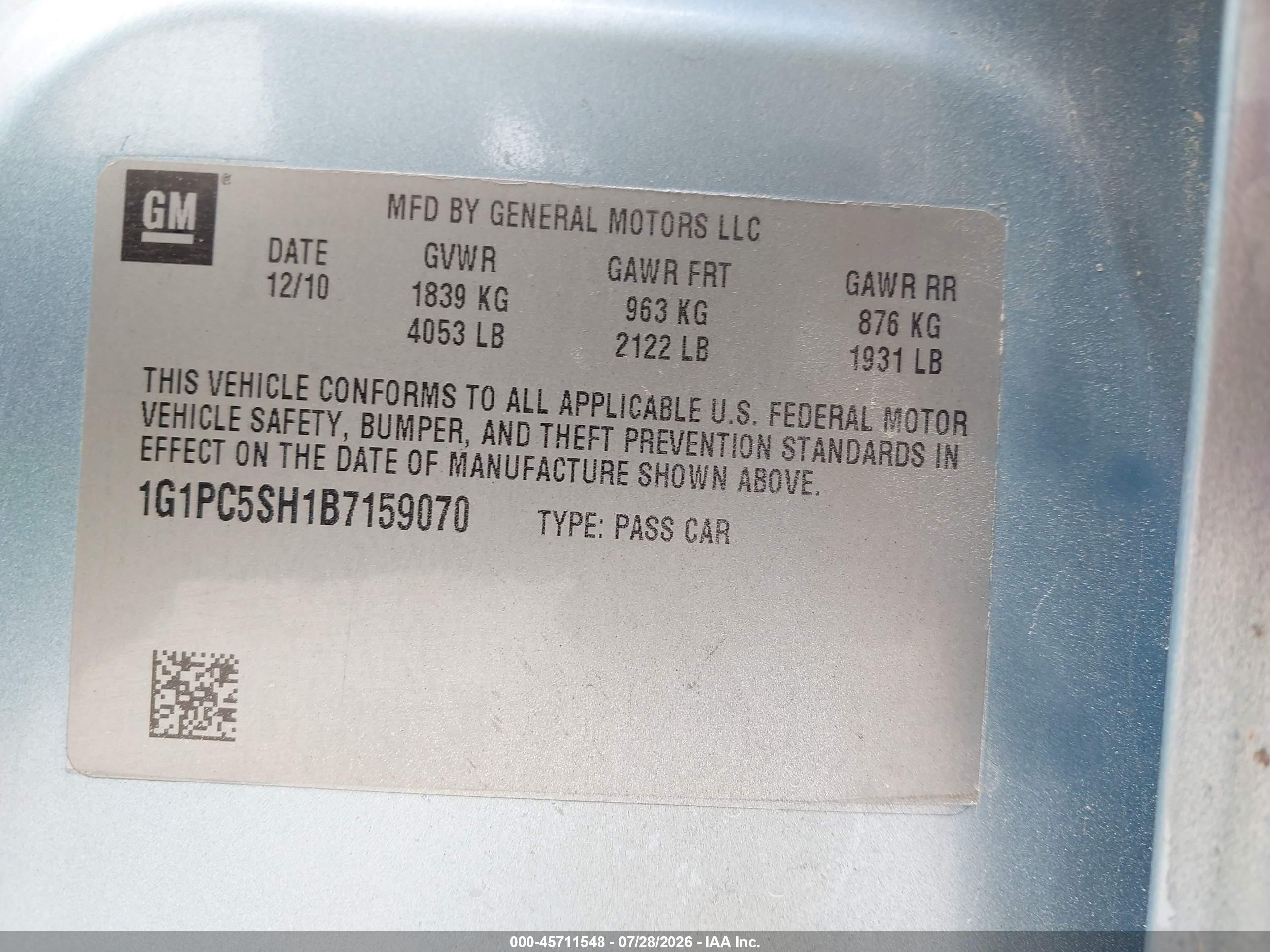 2011 Chevrolet Cruze Ls Blue vin: 1G1PC5SH1B7159070