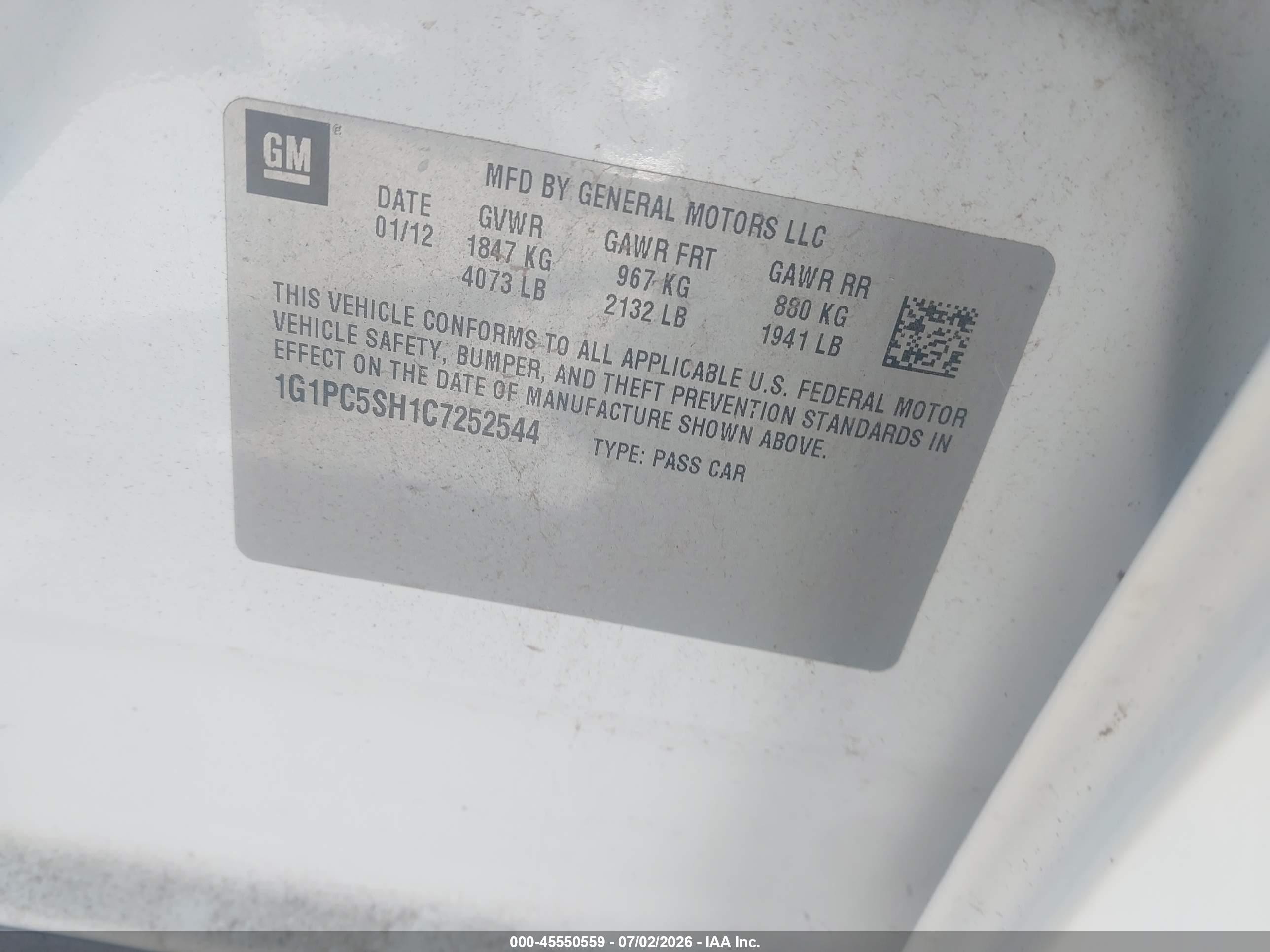 2012 Chevrolet Cruze Ls Белый vin: 1G1PC5SH1C7252544