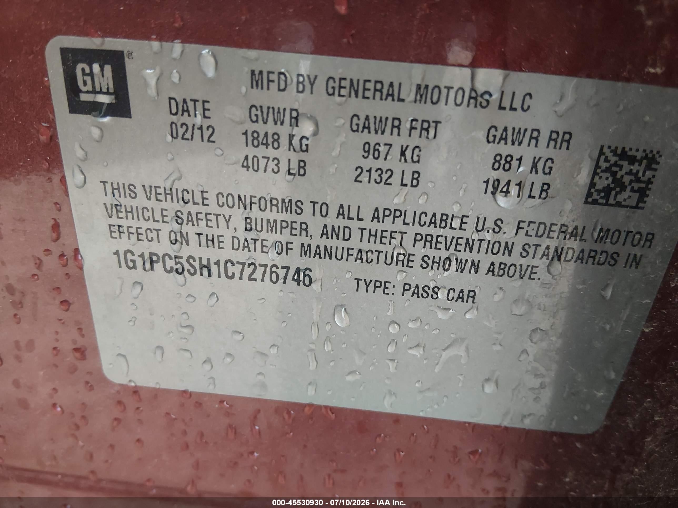 2012 Chevrolet Cruze Ls Orange vin: 1G1PC5SH1C7276746